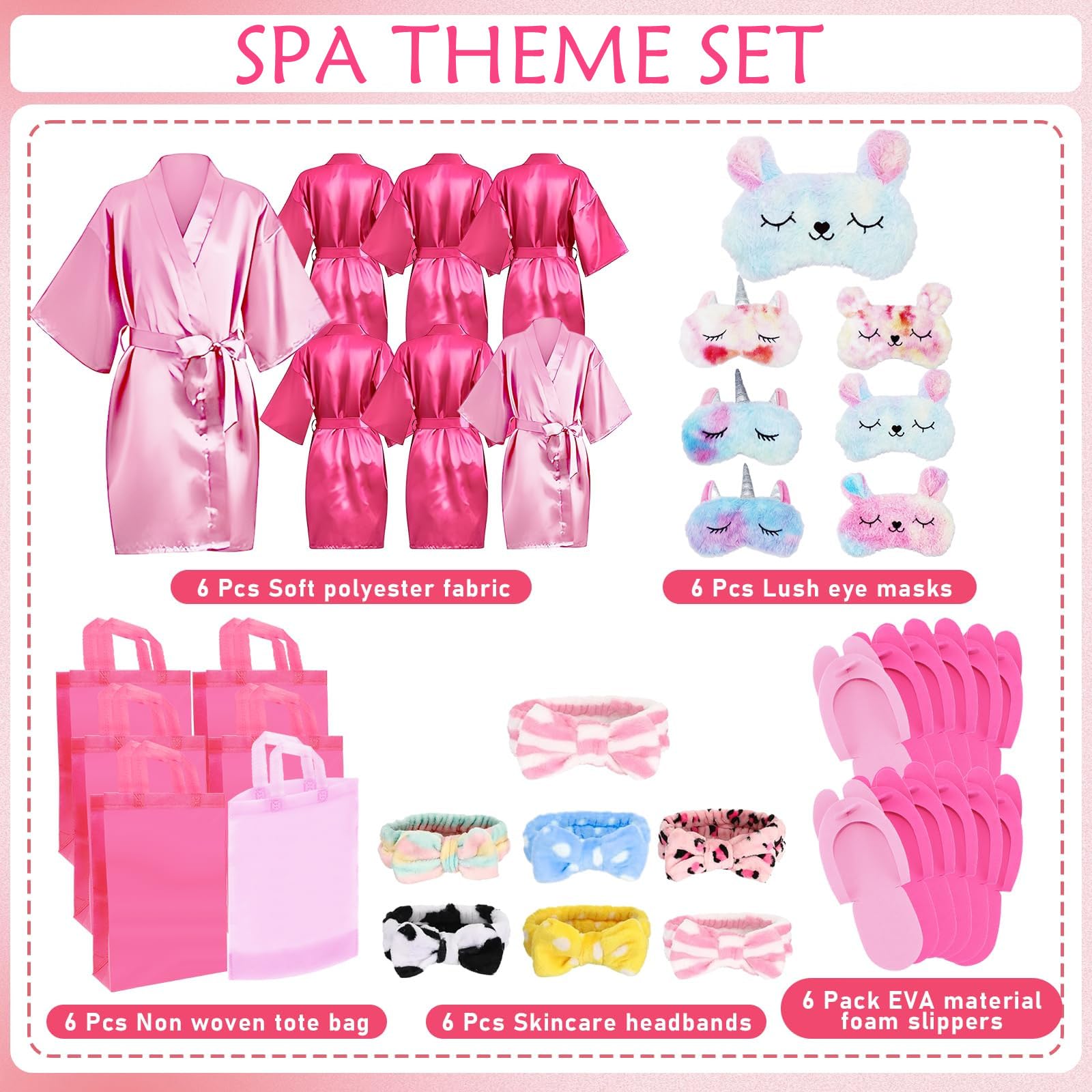 MSYU 30 piezas de suministros de fiesta de spa para niñas, 6 batas de satén, 6 pantuflas para niños, fiestas de pijamas, regalos de fiesta de cumpleaños, spa, talla 8, rojo rosa, rosa