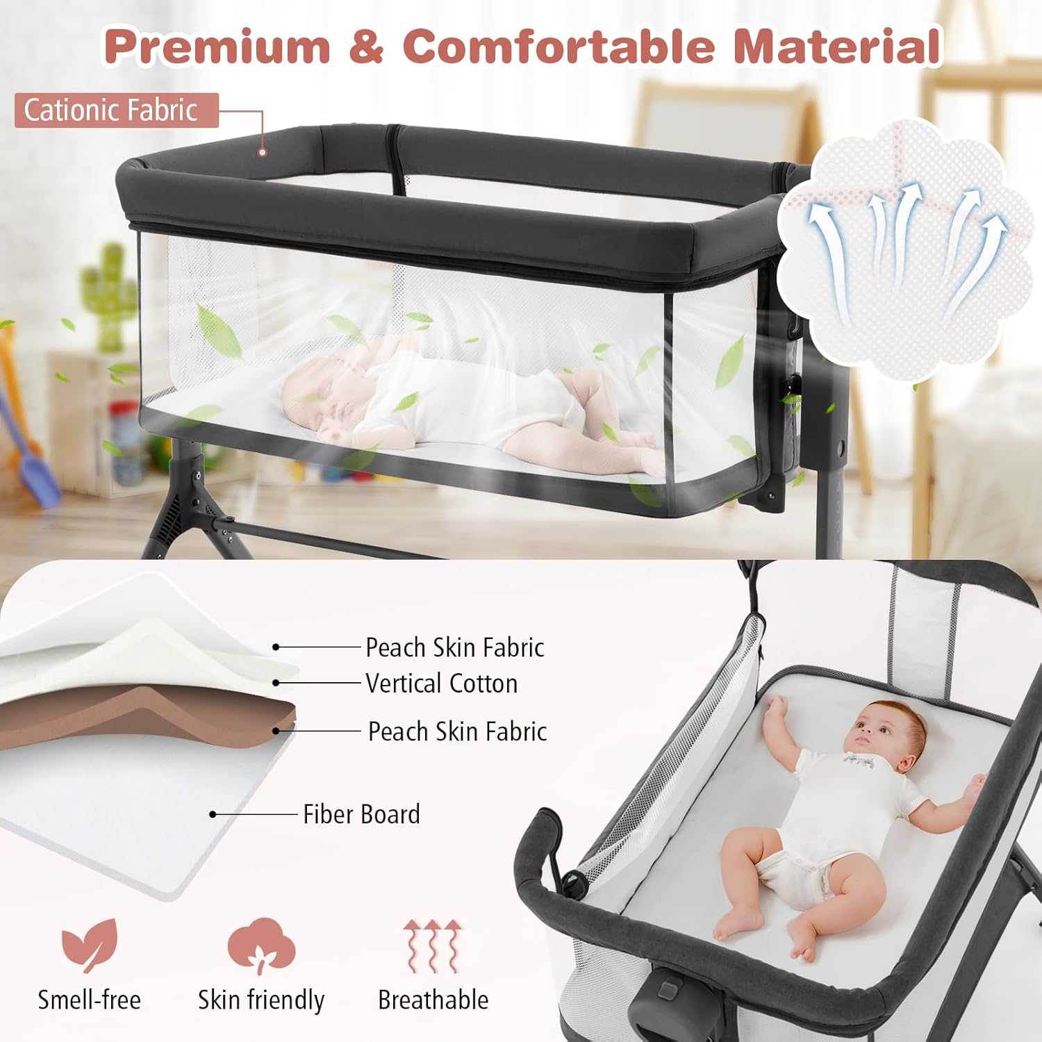 BABY JOY Bassinet, 3 in 1 Rocking Bedside Bassinet w/Storage Basket, Universal Wheels, Adjustable Height, Mattress, Net & Portable Bag, Carriable Crib Baby Bassinets Bedside Sleeper (Gray)