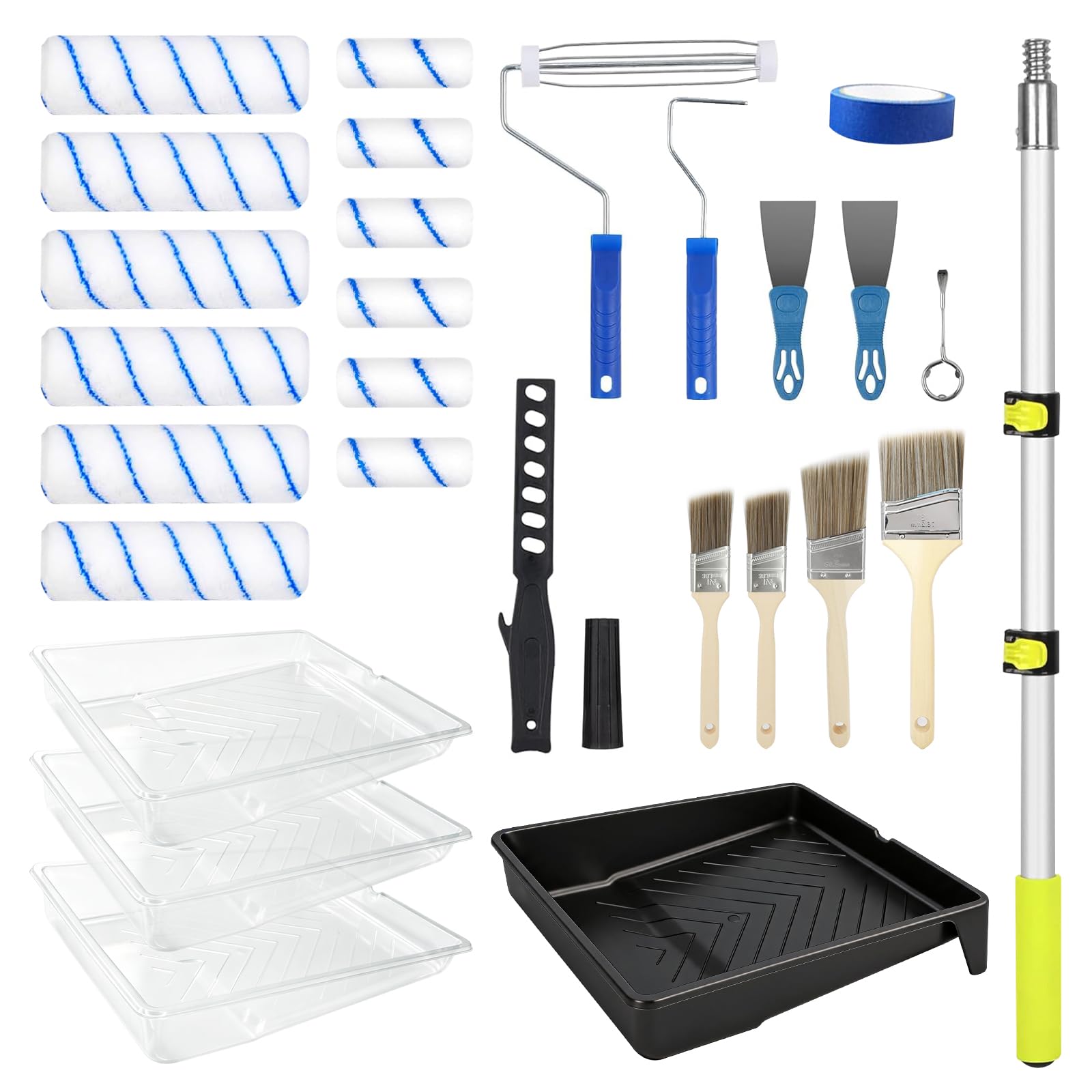 Farbroller-Set 29-tlg. mit Teleskopstange & Mikrofaser | 29-tlg. Malerset mit Teleskopstange(0.6–1.2m) & Mikrofaser. Streifenfrei für Wände, Decken & Möbel