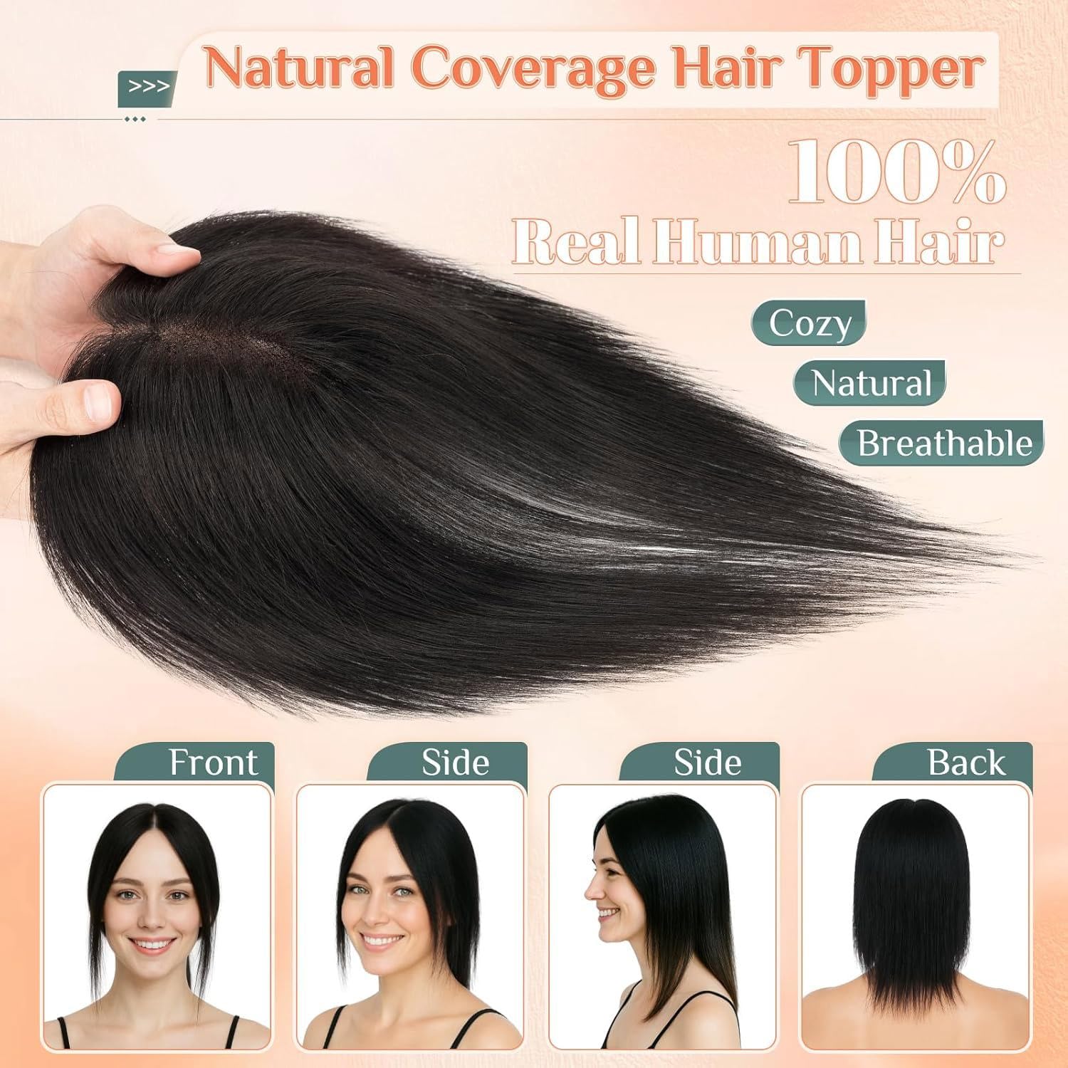 Benehair Haar Topper Damen Echthaar 100% Echtes Remy-Haar Haartopper Echthaar Oberkopf Damen #1B Natürliches Schwarz 21g 27 CM