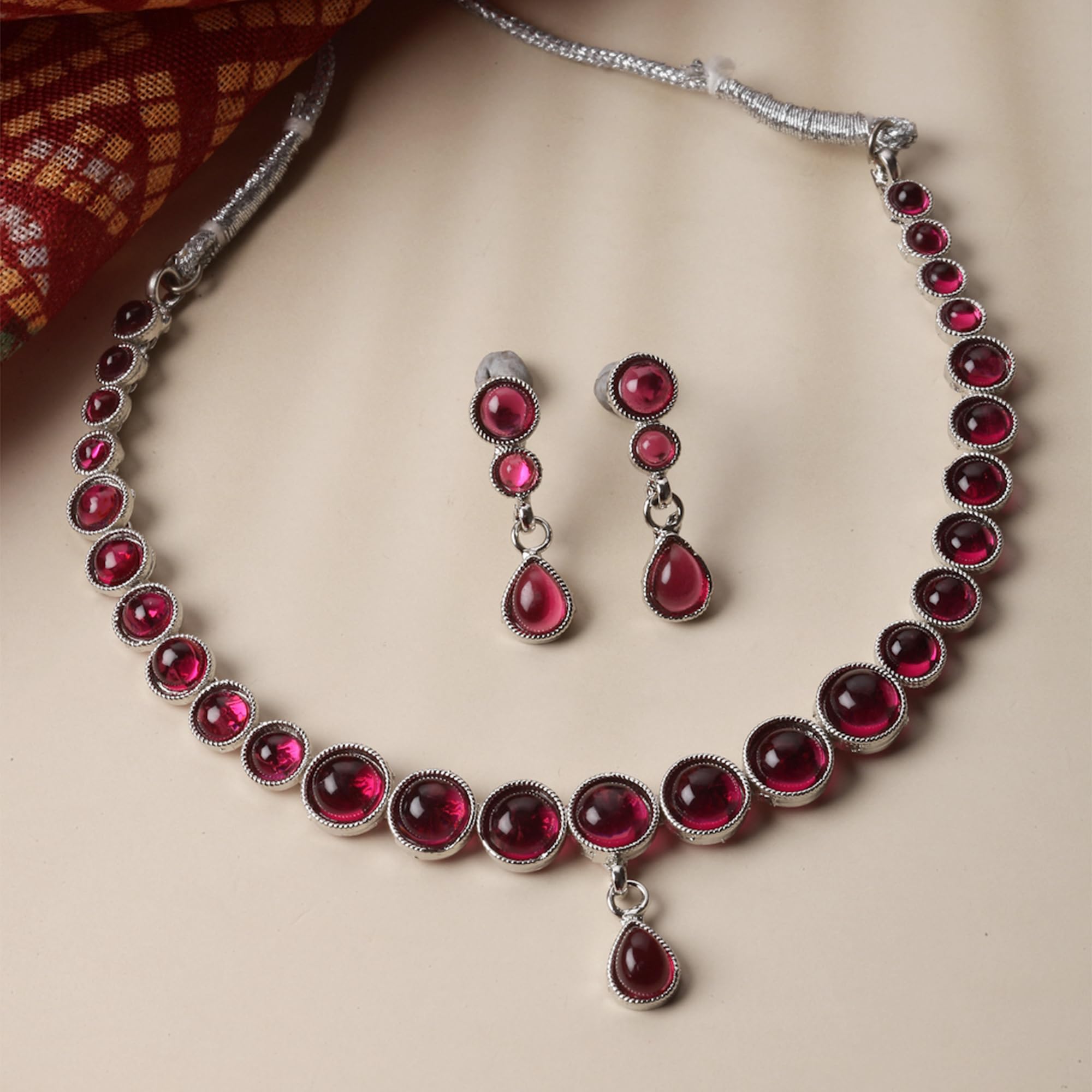 Oxidised Silver-Plated Round Diamond Necklace Set
