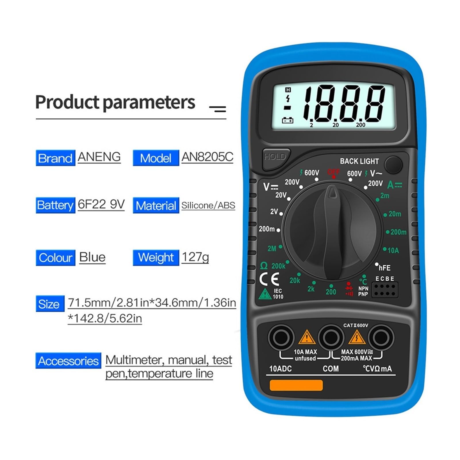 Cyfrowy Multimetr Auto Zakres Podświetlenia AC/DC Amperomierz Volt Ohm Tester Przenośny Miernik Multimetro Z Termoparą Szybko Dokładnie Łatwy Odczyt(Red)
