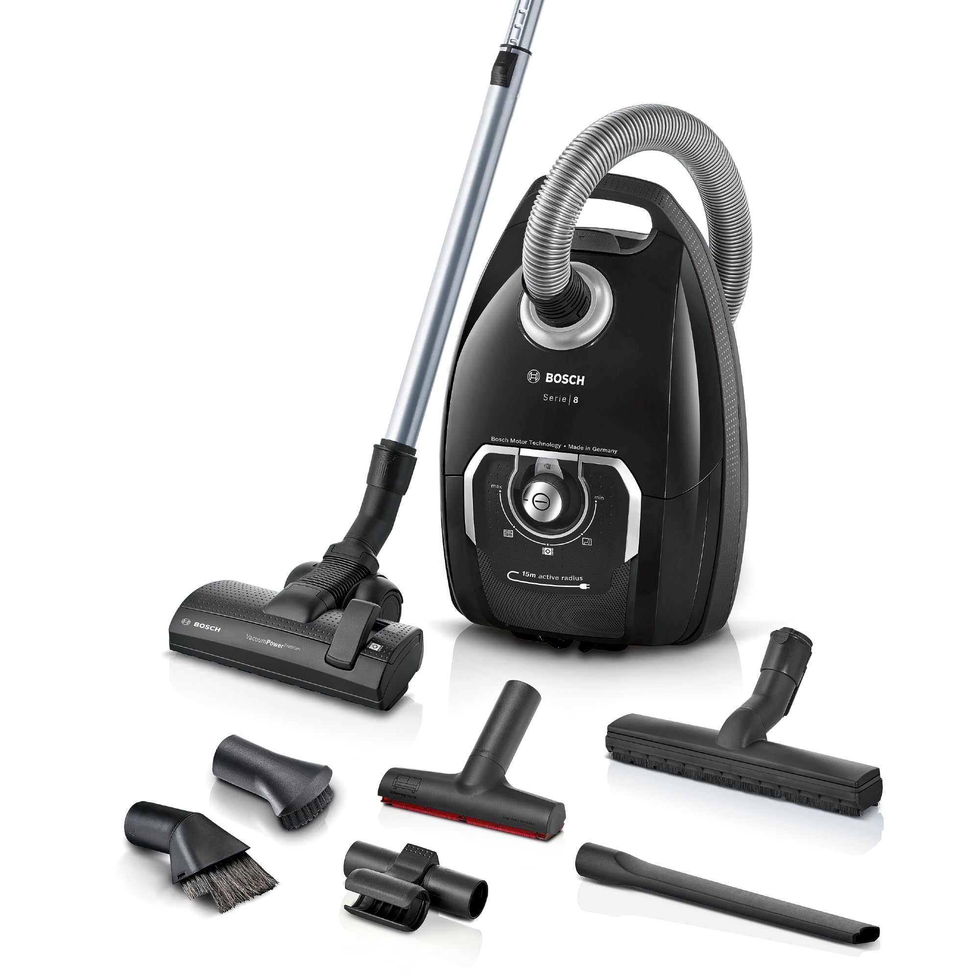 Bosch Staubsauger mit Beutel Serie 8 BGL8XALL, Testsieger, ideal für Allergiker, Hygiene-Filter, 10 Jahre Motorgarantie, Hartbodendüse, XXL-Polsterdüse, langes Kabel, Made in Germany, 650 W, schwarz