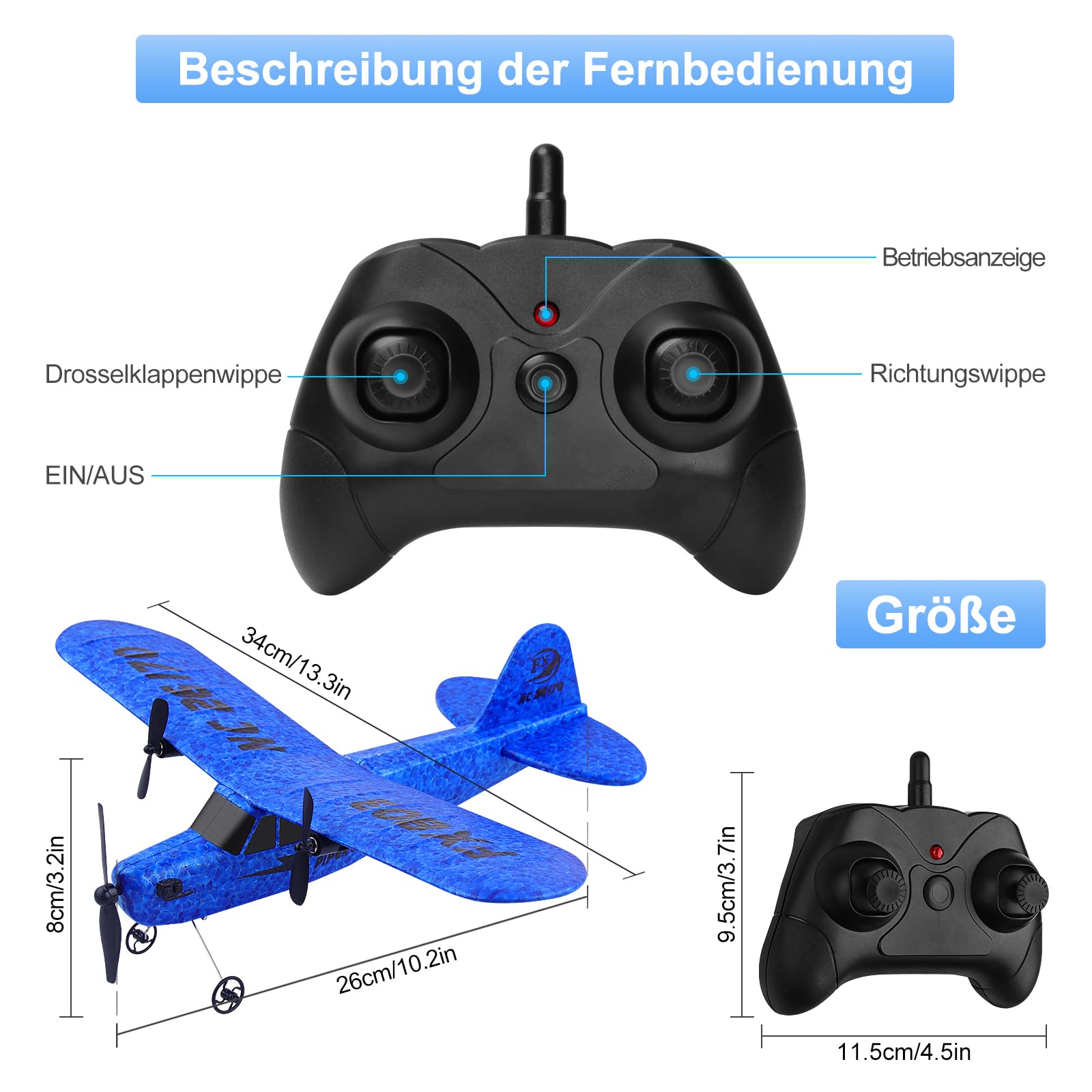 Henakmsl 2CH Aereo Telecomandato FX803, 2,4 GHz Aereo RC Aeroplano Telecomandato con 2 Batterie, Aliante Volante Telecomandato per Adatto a Bambini/Adulti/Principianti, Ricarica USB, Blu