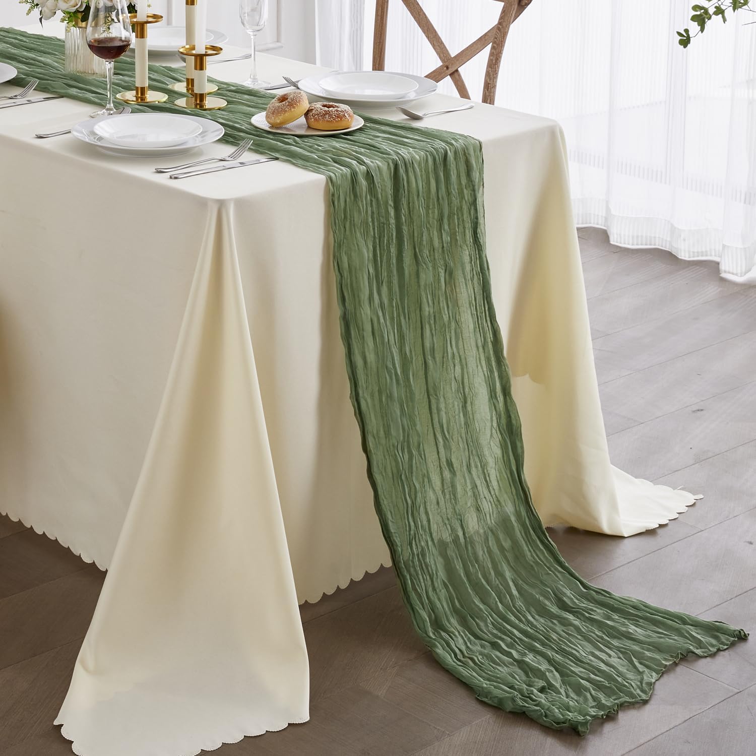 Green Table Runner Boho, 1PCS 35 x 160 Inch Sage Green Boho Table Runner, Holiday Table Runner for Special Banquets Party, Wedding Reception Bridal Showers Decorations