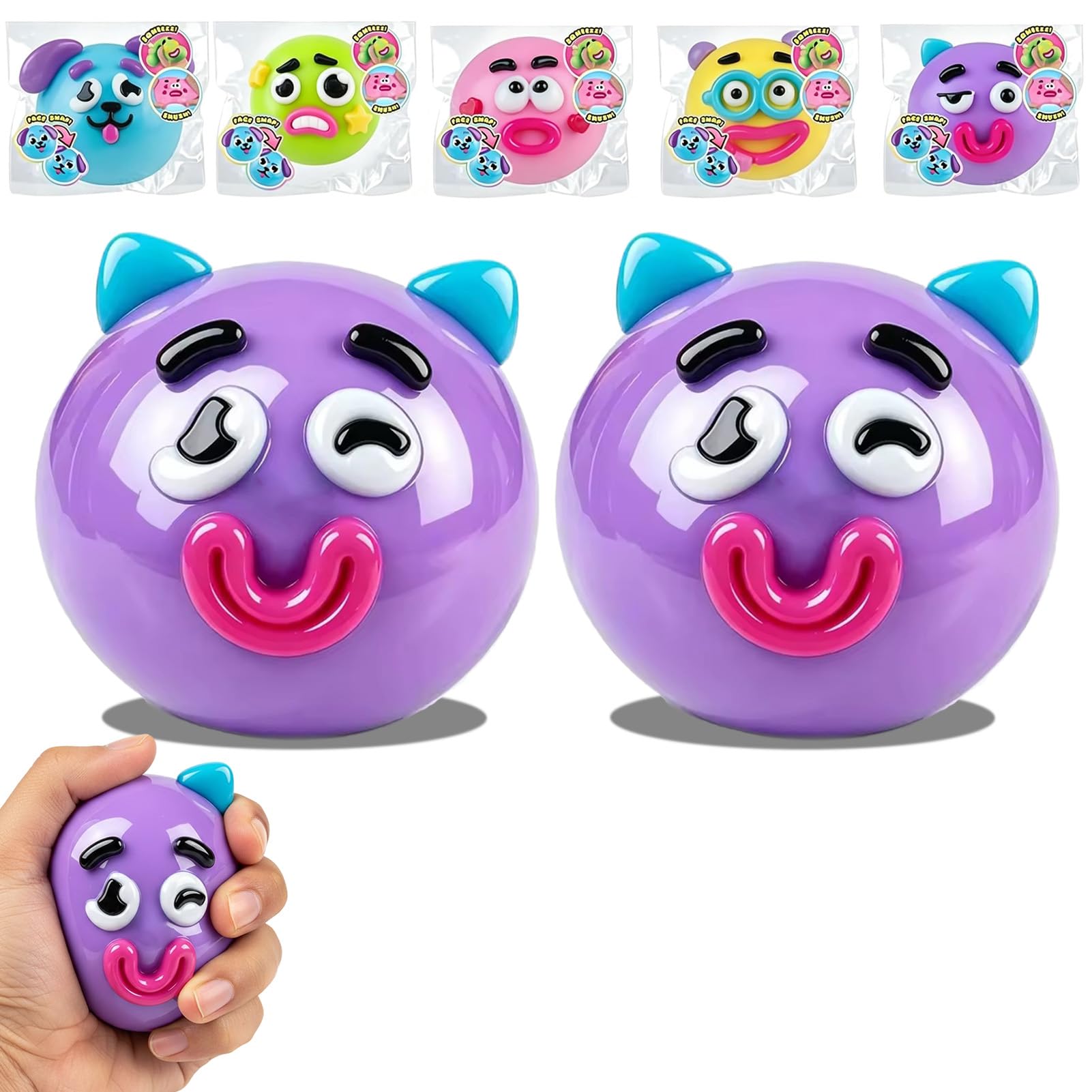 Smushers Squishy Stress Relief Squeeze Balls, Cute Animal Funny Face Fidget Toys, Soft TPR Anxiety Relief Toys for Kids & Adults, Sensory Toys for Party Favors Classroom Rewards (Purple 2Pcs)