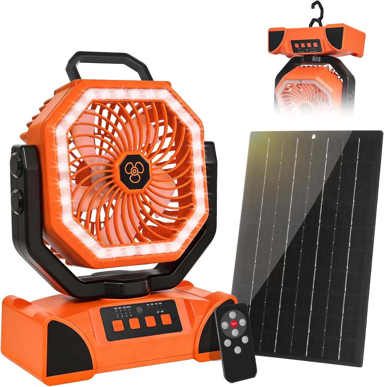 Solar Powered Fan with LED Lantern, Portable Camping Fan-Max 60 Hours' Runtime, 10 inch Rechargeable Battery powered Fan with 7W Solar Panel, Remote Control for Outdoor Camp, Beach, Travel, Tent