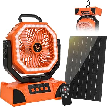 Solar Powered Fan with LED Lantern, Portable Camping Fan-Max 60 Hours Runtime, 10 inch Rechargeable Battery powered Fan with 7W Solar Panel, Remote Control for Outdoor Camp, Beach, Travel, Tent