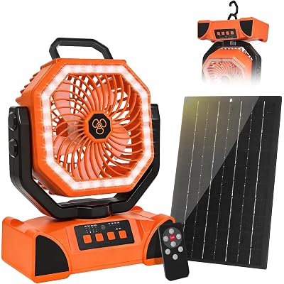 Solar Powered Fan with LED Lantern, Portable Camping Fan-Max 60 Hours' Runtime, 10 inch Rechargeable Battery powered Fan with 7W Solar Panel, Remote Control for Outdoor Camp, Beach, Travel, Tent