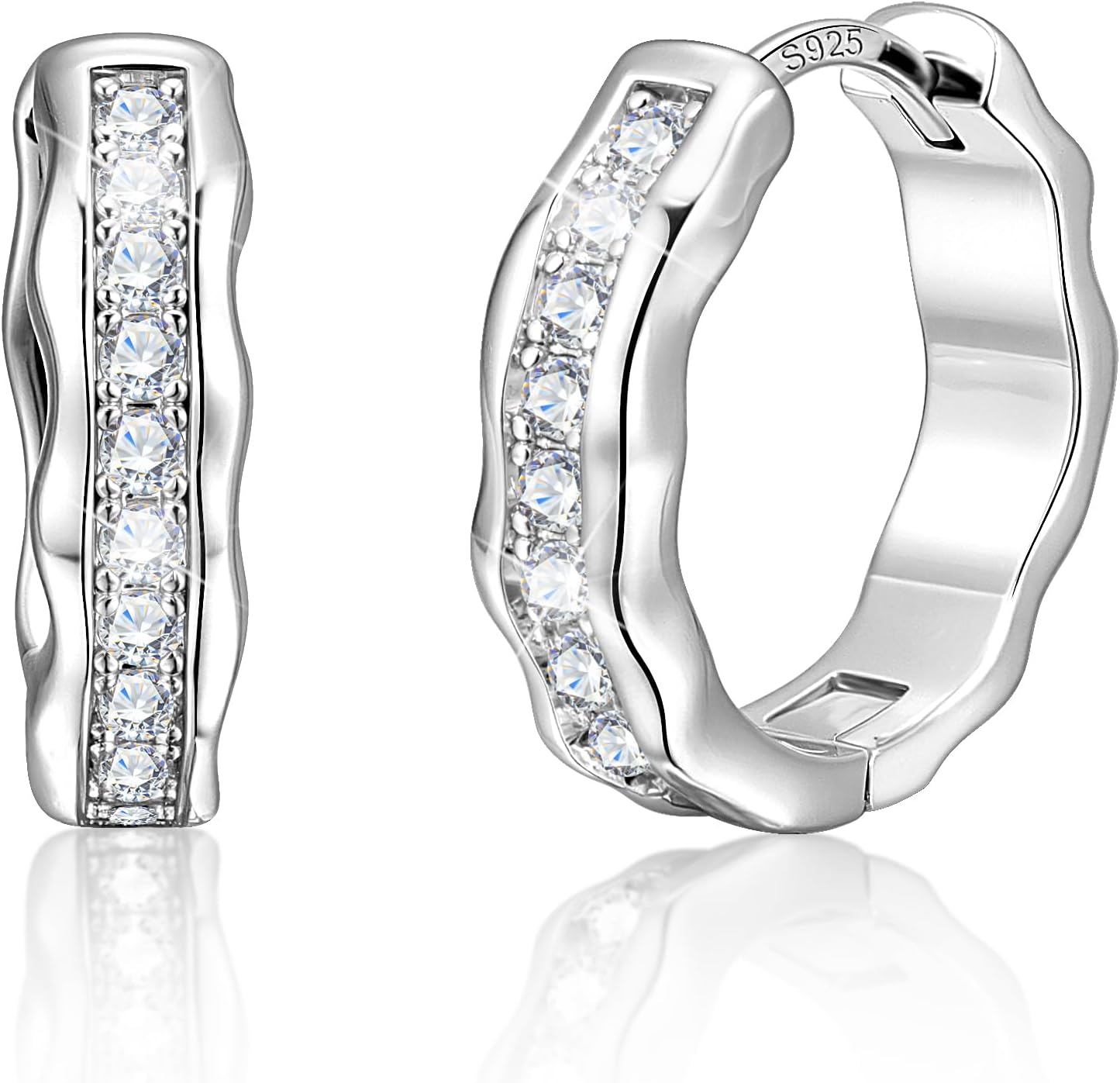 Silver Hoop Earrings, Small Chunky Silver Shiny Cubic Zirconia Twisted Hoop Earrings for Women Trendy Hypoallergenic Lightweight Thick Wave Huggie Earing Jewelry for Women Gifts in Box