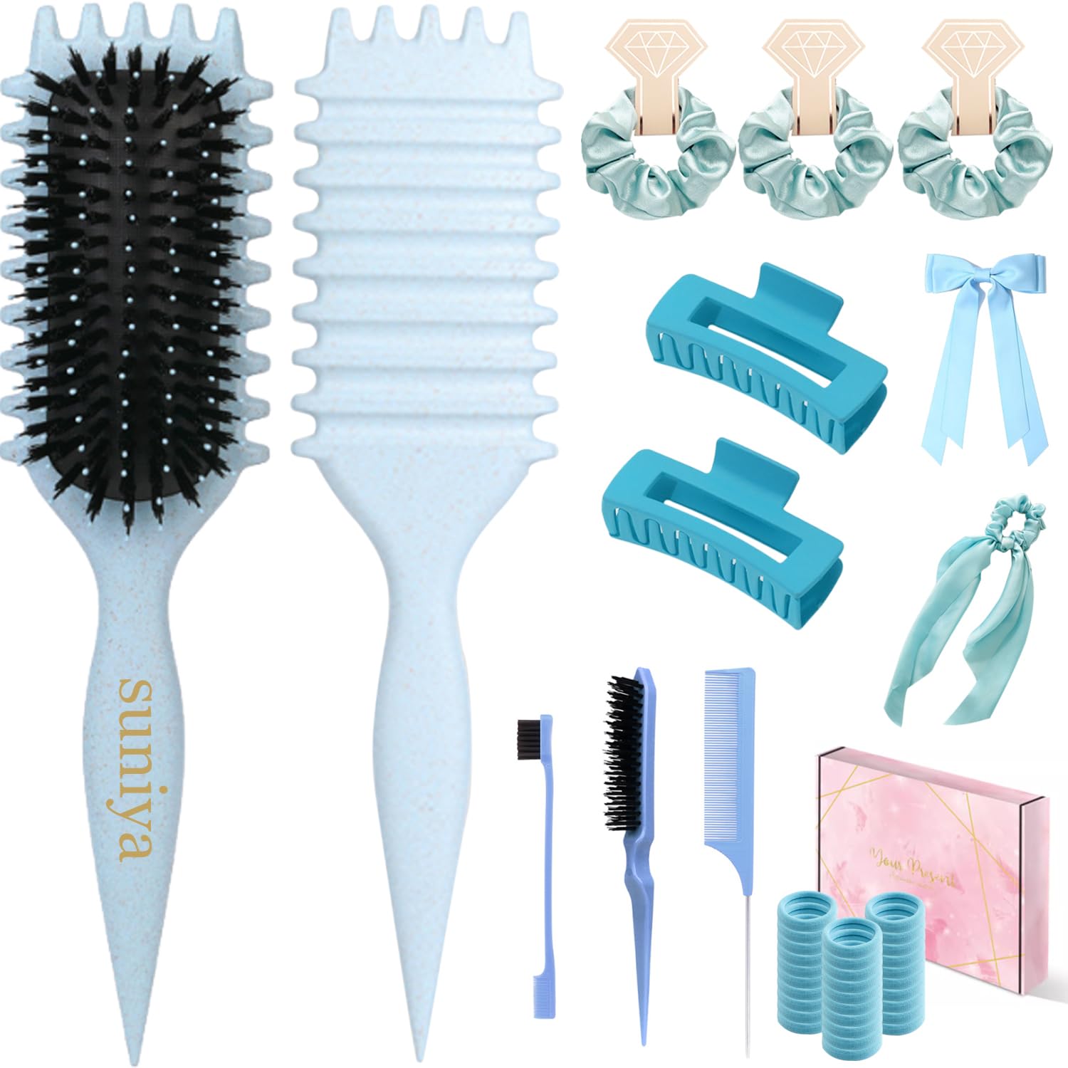 Curly Hair Brush,Curl Defining Brush,Slick Back Hair Brush,Rat Tail Comb,Edge Bristle Brush,Clip Claw,Bow,Satin Scrunchies,No Damage Hair Ties,Scarf Hair Ties,Gifts For Women,Best Gift Set(Blue))