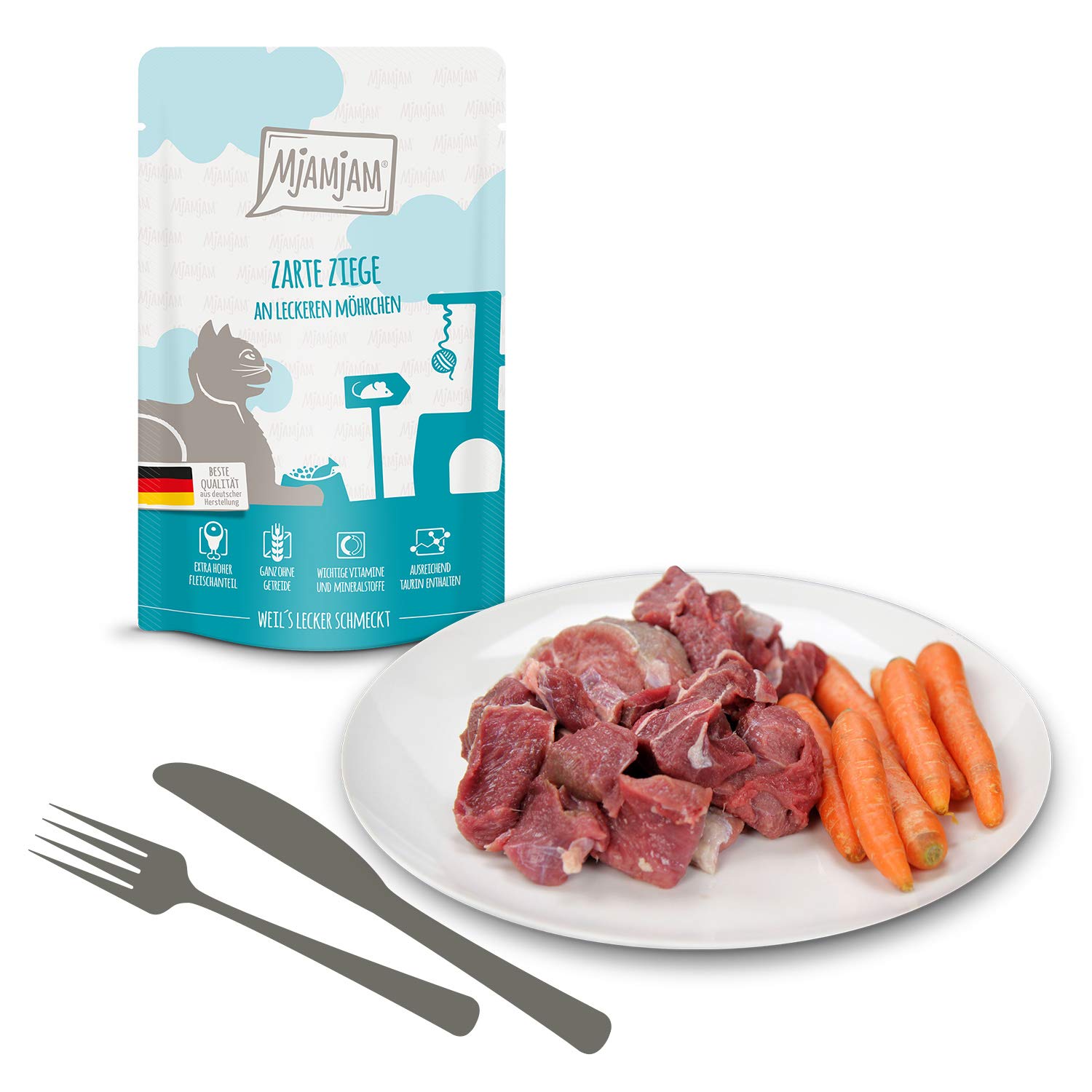 MjAMjAM - cibo umido premium per gatti - Quetschie - tenera capra con deliziose carote, confezione da 12 (12 x 125 g), senza cereali con carne extra