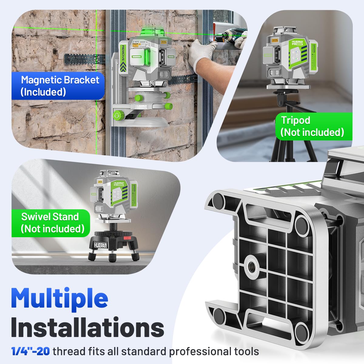 Huepar Pro Outdoor Nivel Láser con Receptor, 4 * 360° Autonivelante con Láser Verde, Nivelación de Alta Precisión en 4D con Batería de Iones de Litio de 8000mAh, Control Remoto y Estuche Rígido