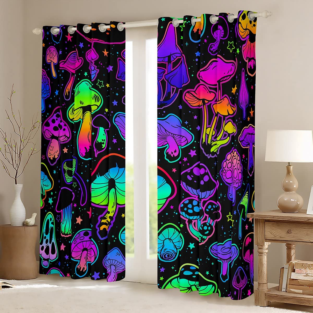Cute Mushroom Decor Blackout Curtains(30%-50% ) Cartoon Mushrooms Curtain Rainbow Colorful Kawaii Fungus Darkening Window Drapes for Bedroom Children Decor Window Treatments (2 Panels, 42 x 84 Inch)