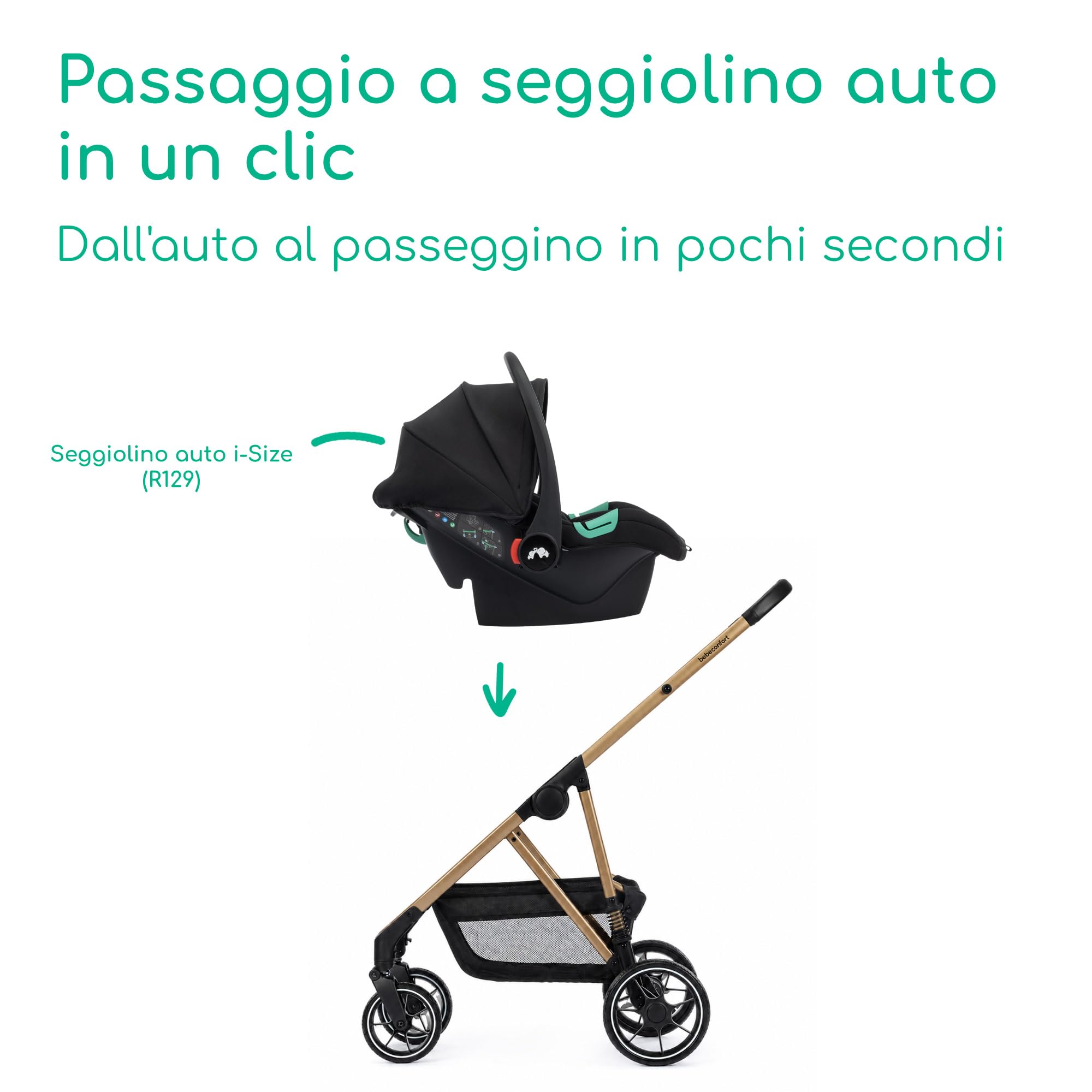 Bebeconfort Zaria Trio, Passeggino Trio Completo 3 in 1, 0-22 kg, Nero/Oro | Sistema Modulare Neonato con Ovetto i-Size, 0-4 Anni, Carrozzina Reversibile, Pieghevole e Reclinabile, 4 Ruote Ammortizzate