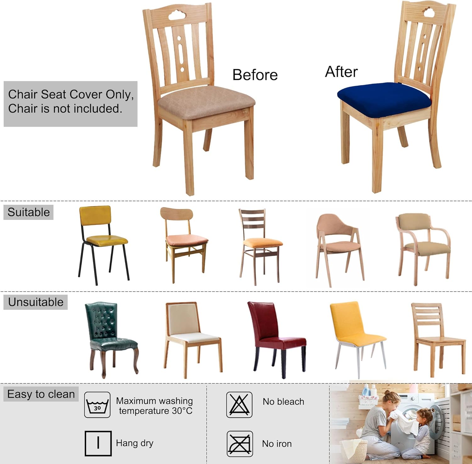 PiccoCasa Chair Seat Cover Cushion with Ties, Velvet Stretchable Printed for Dining Room Kitchen Chairs Slipcover, Set of 6 Royal Blue