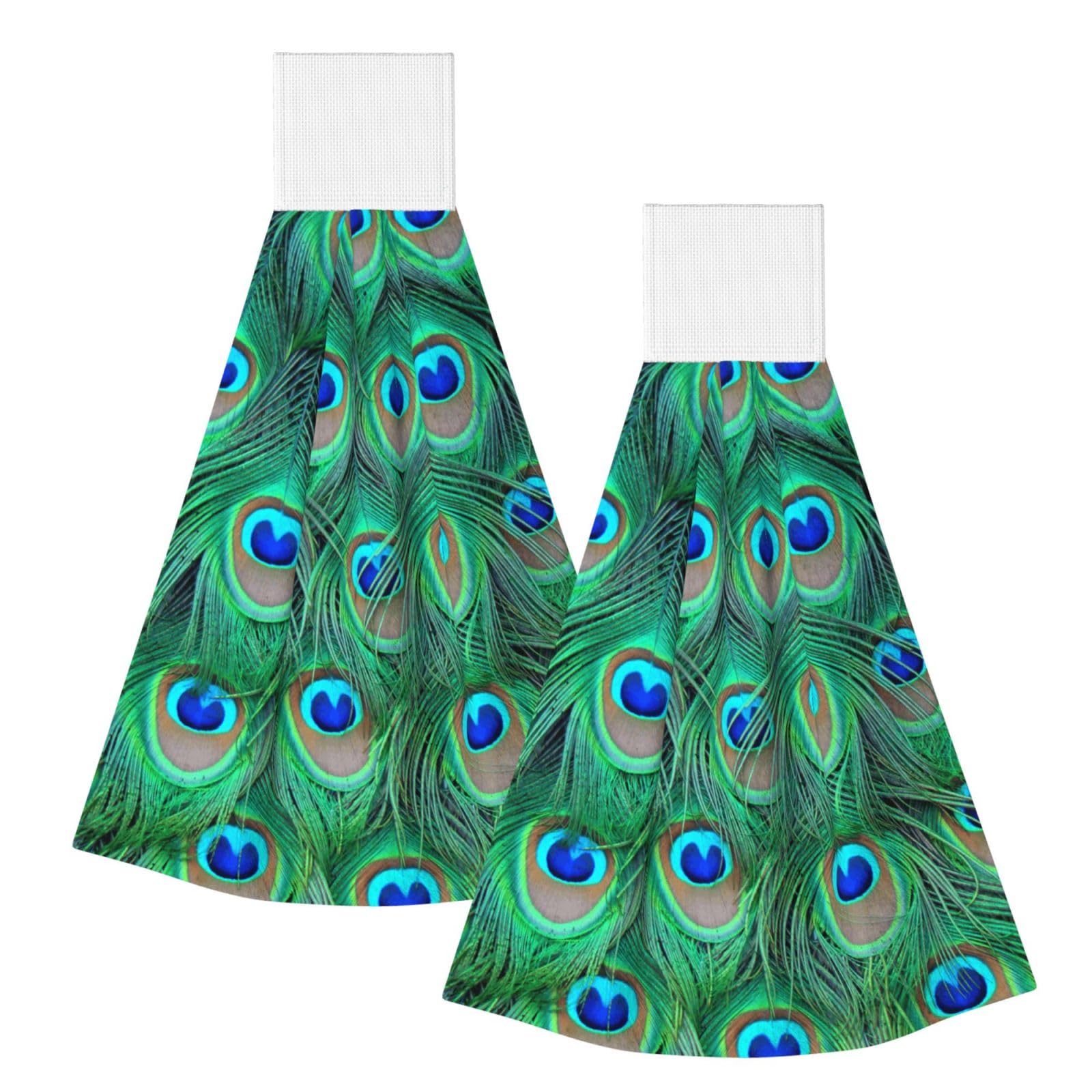DOPKLNA Adorable Green Peacock, 2 Pcs Hanging Coral Fiber Hand Towels for Bathroom, Absorbent Kitchen Towels