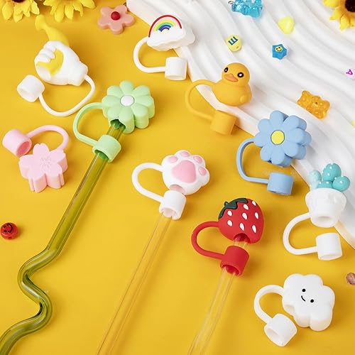 Miniatura 3 de 10 fundas grandes para pajilla, de 0.31 a 0.39 pulgadas (0.315-0.394 in), reutilizables, de silicona, con forma de sandía, oso, pato, flores, tapas