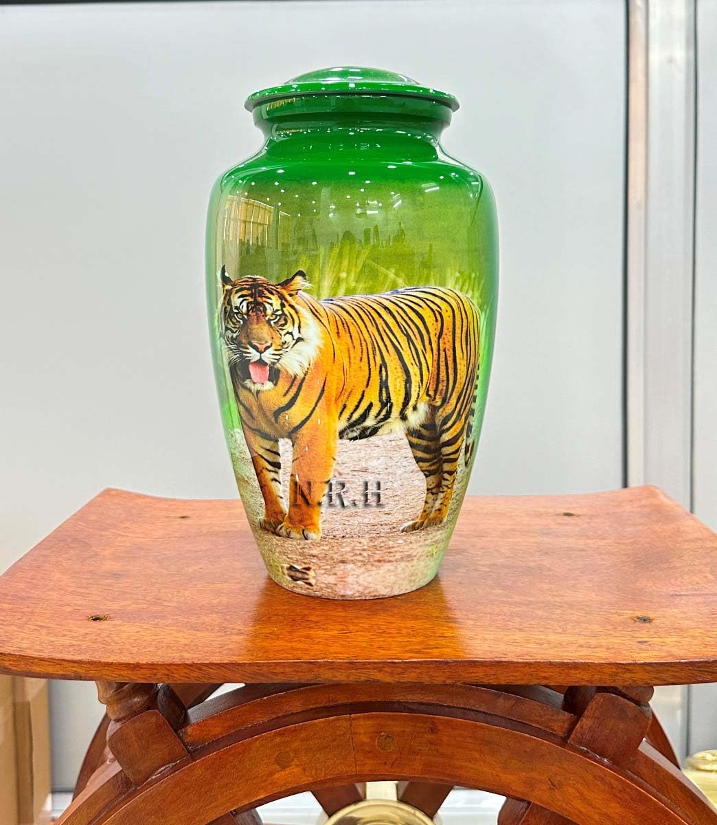 Green Decorative Urn Jar with Lid, Tiger Design Storage Container, Glossy Finish Wildlife Art, Home Décor Accent - Image 4
