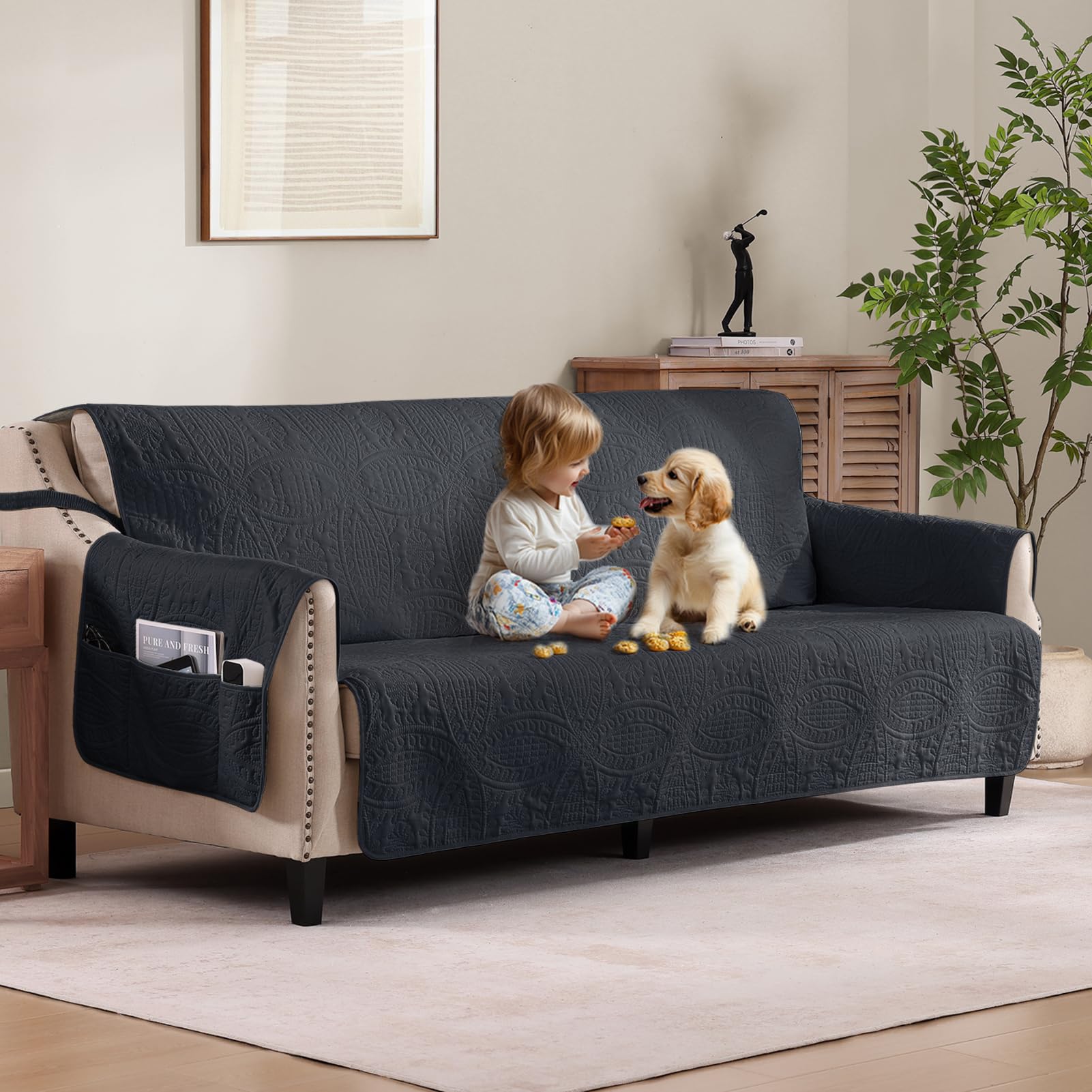 Soft Quilted Couch Cover with Pockets for Extra-Large Sofa, Anti-Slip Sofa Covers Washable for 3 Cushion Pet Friendly, Oversized Sofa Cover Water-Repellent (X-Large Sofa 78", Black)