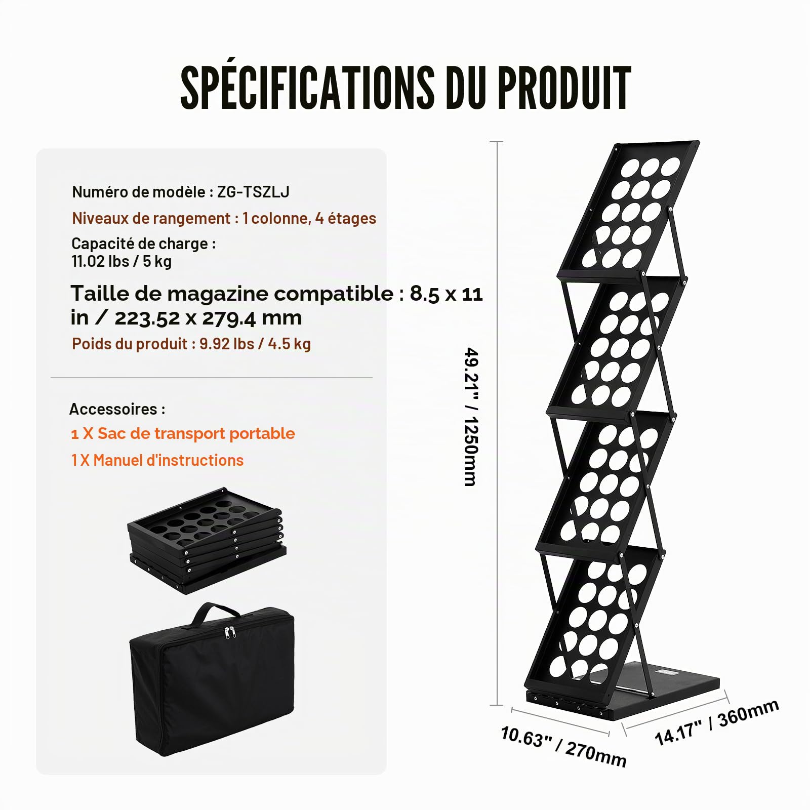 VEVOR Présentoir à Brochures Pliable, Porte-Brochures sur Pied 4 Niveaux, Porte-Revues Magazines Journaux Léger et Portable avec Sac de Transport, pour Magasin Bureau Salon Foire Exposition, 4 Poches