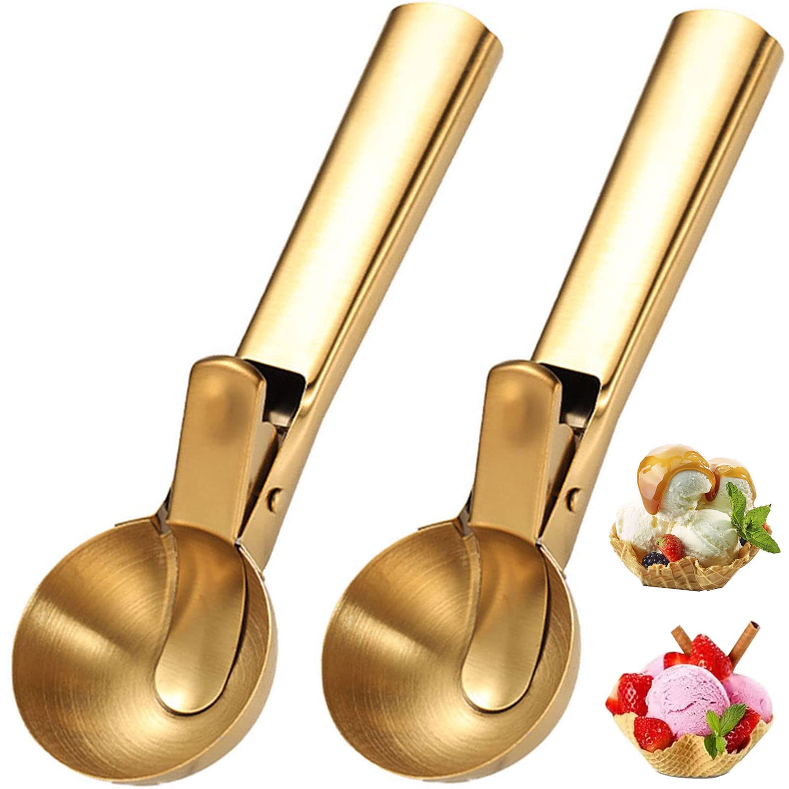 Ice Cream Scooper Stainless Steel, Cookie Scoopwith Trigger Heavy Duty Metal Icecream Scoop,Cookie Scoop Large Size Perfect For Frozen Yogurt, Gelatos, Sundaes (C-Gold 2Pack)
