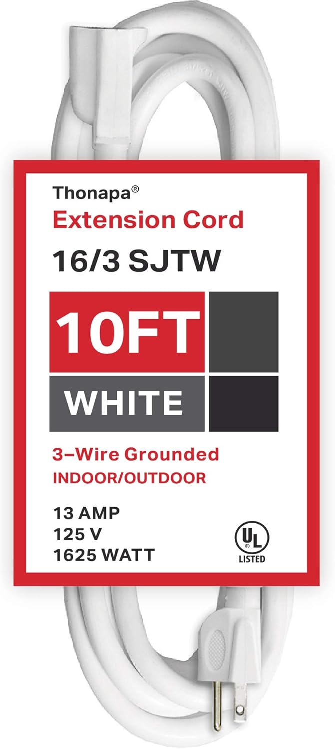Thonapa 10 Ft Extension Cord with 3 Prong White Extension Cord 10 ft