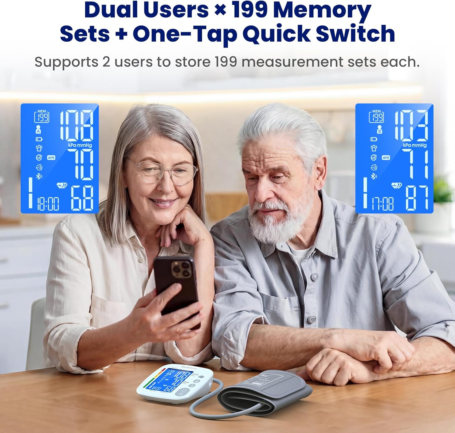 Upper Arm Blood Pressure Monitor for Home Use, Digital BP Machine Sphygmomanometer with 398 Reading Memory, Adjustable Arm Cuff 8.6"-17.7" (22-45 cm) Large LCD Display with Bluetooth Sync