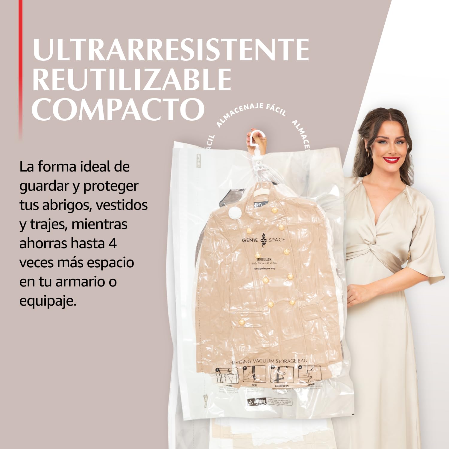 GENIE SPACE Bolsas de Vacío Colgantes para Abrigos, Trajes y Vestidos – Herméticas, Reutilizables y Sin Olor – Cierre Doble – Paquete Surtido 5 (2 Extra Largas + 3 Regulares) con Bomba de Viaje