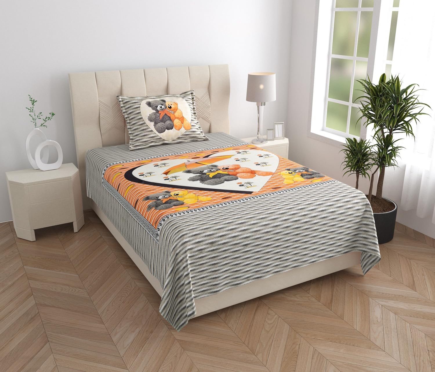 Kids Single Xotton Bed Sheet with Teddy Bear Print, Orange & Grey | Heart Motif Design, Striped Pattern, Includes Pillow Cover, Children's Bedding, Cartoon Theme-image-16