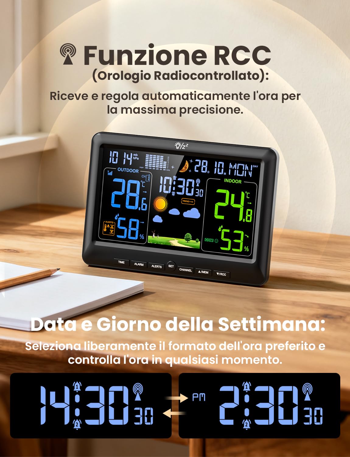 LIORQUE Stazione Meteo con Sensore Esterno Display a Colori Fase Lunare Previsioni Meteo Data Retroilluminazione Regolabile Igrometro Barometrico Sveglia