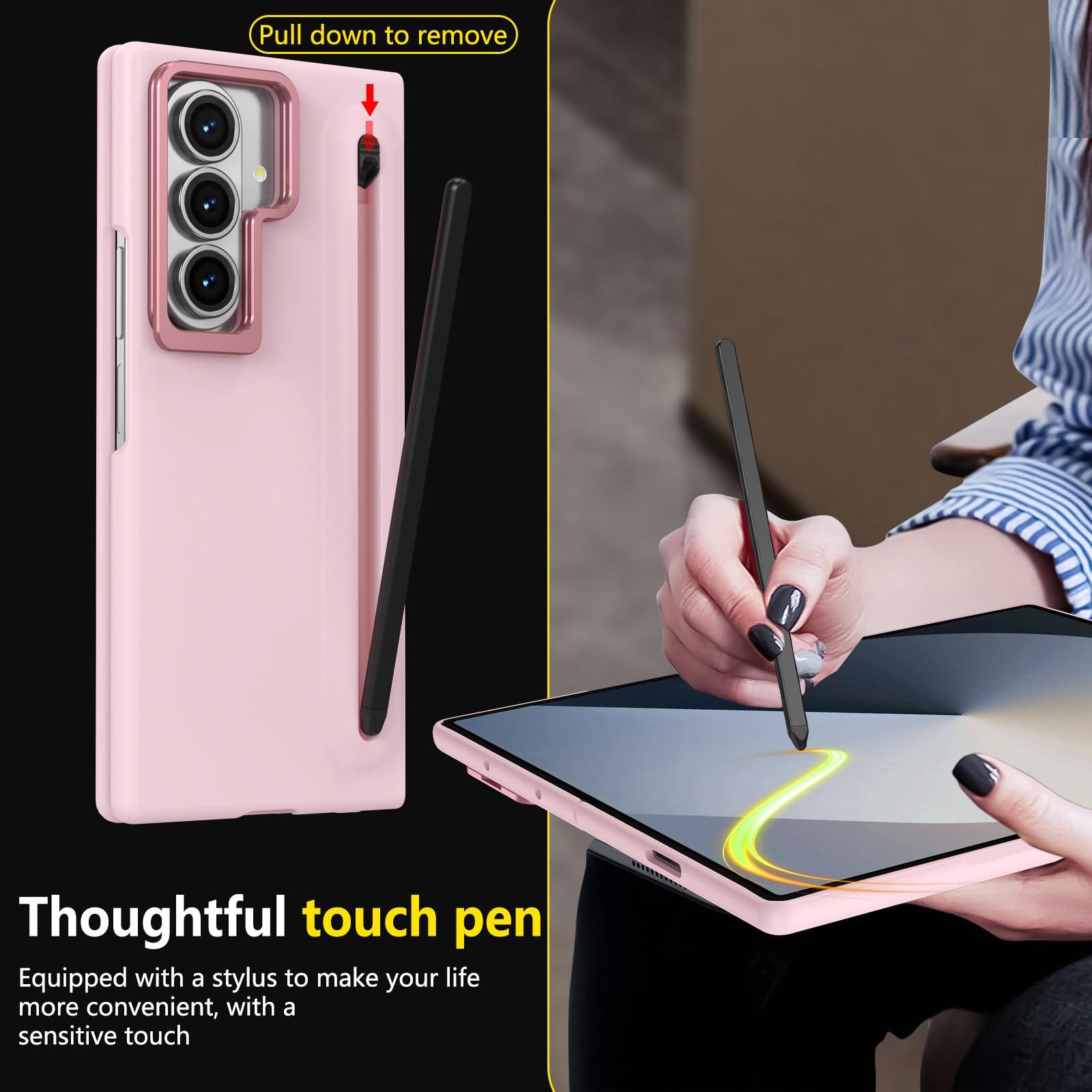 Custodia per Galaxy Z Fold 7 con penna, portapenne integrato, cover per Samsung Galaxy Z Fold7 con pellicola protettiva + Pen + supporto regolabile nascosto-Rosa