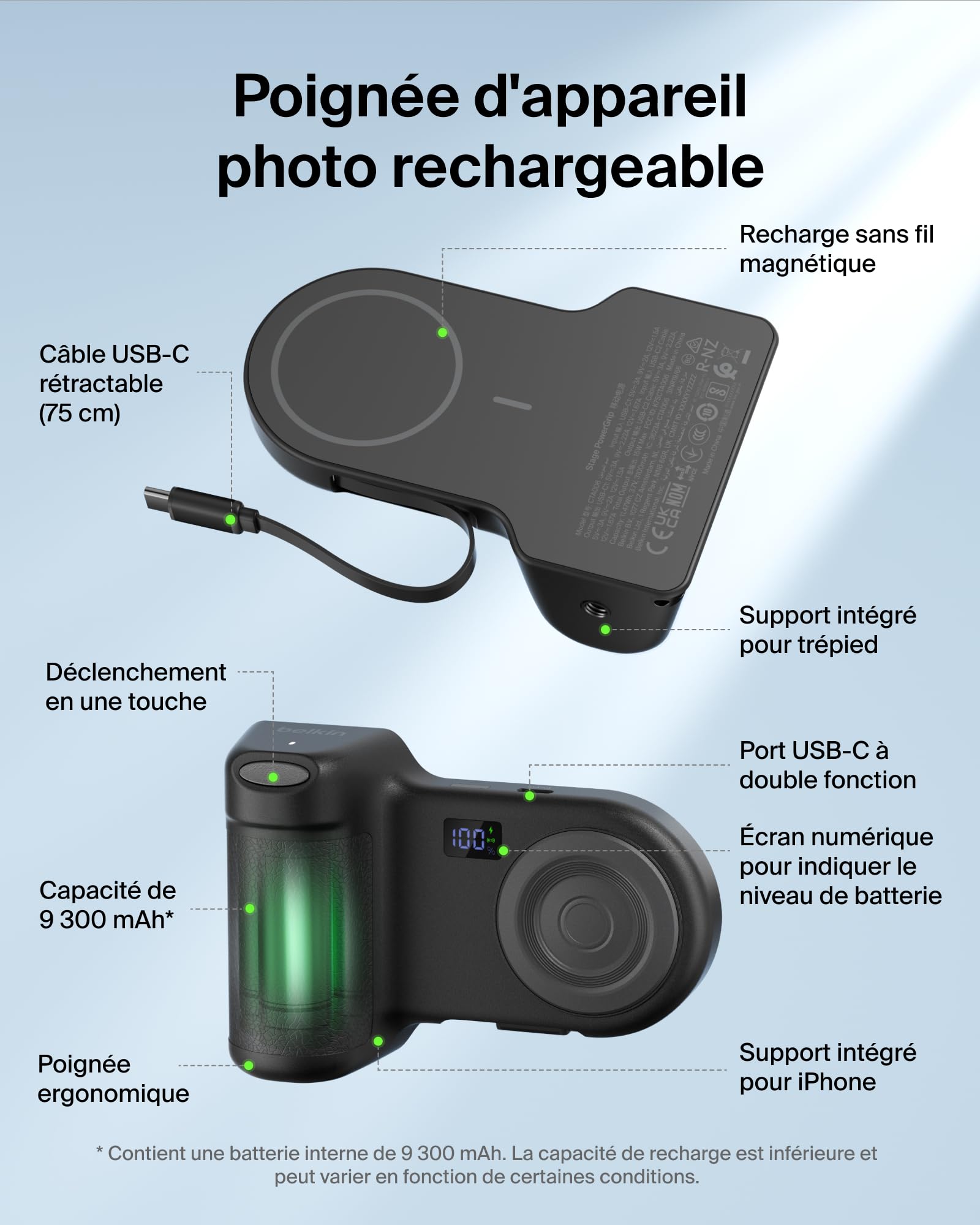 Belkin Stage PowerGrip, Poignée Photo Magnétique et Batterie Externe 9300mAh, Câble USB-C Rétractable, Connexion Bluetooth, Fixation pour Trépied, Écran LCD, Power Bank pour iPhone, Pixel et Plus