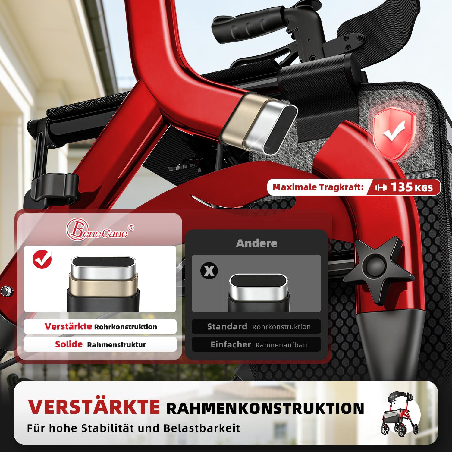 BeneCane Rollatoren Outdoor, Rollator Faltbar und Leicht mit Sitz, Aufstehhilfe, Gehhilfe für Senioren, Leicht Klappbar, Höhenverstellbar, Reiserollator mit Sitzfläche, Rückengurt, Tasche, Gehwagen