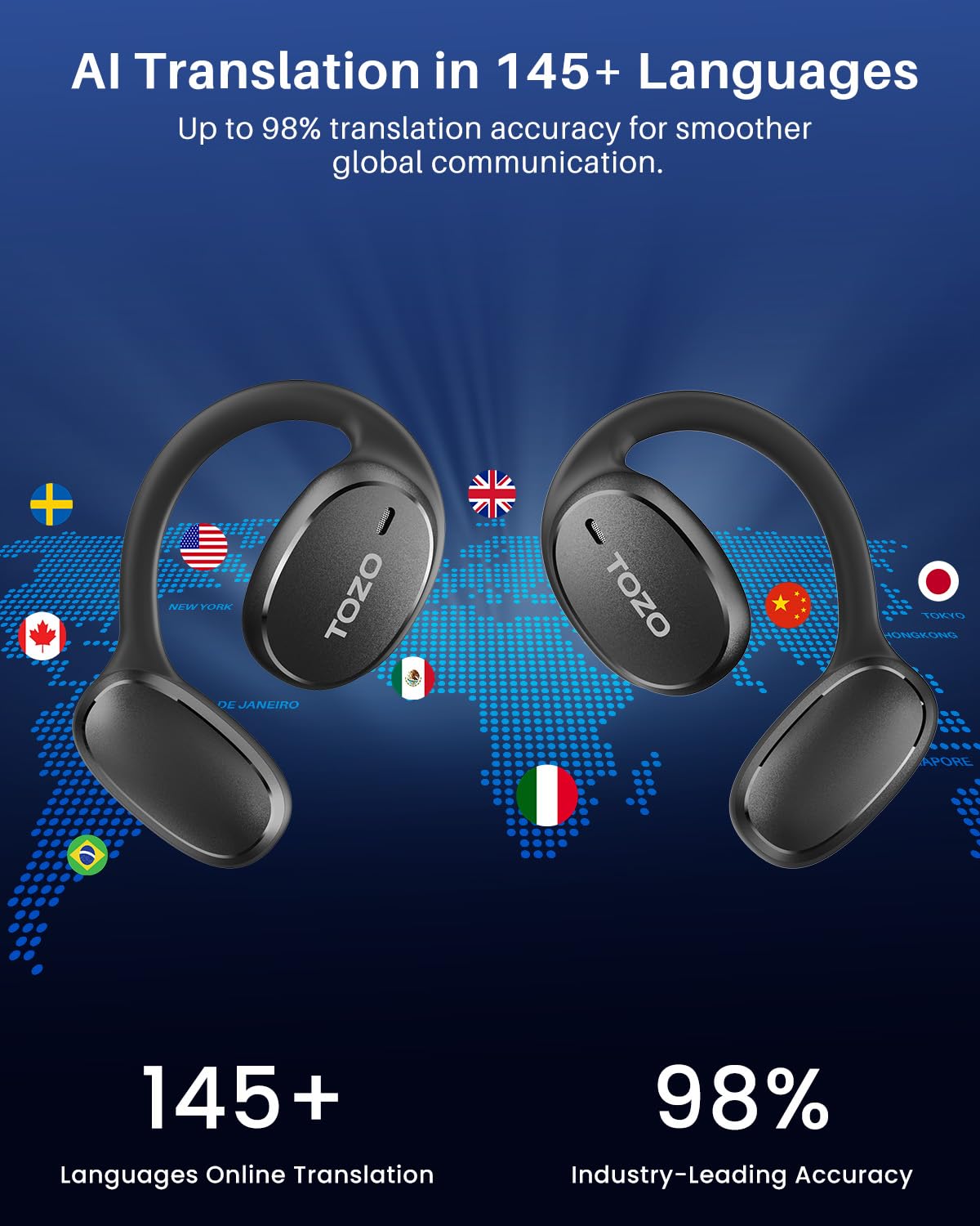 TOZO Real-Time AI Translation Earbuds Black - Dettaglio
