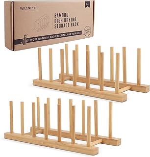 VALENTISE 2 Pack Bamboo Dish Drying Rack, Natrual Wooden Plate Rack Holder, Kitchen Storage Organizer for Dish, Plate and Cutting Board
