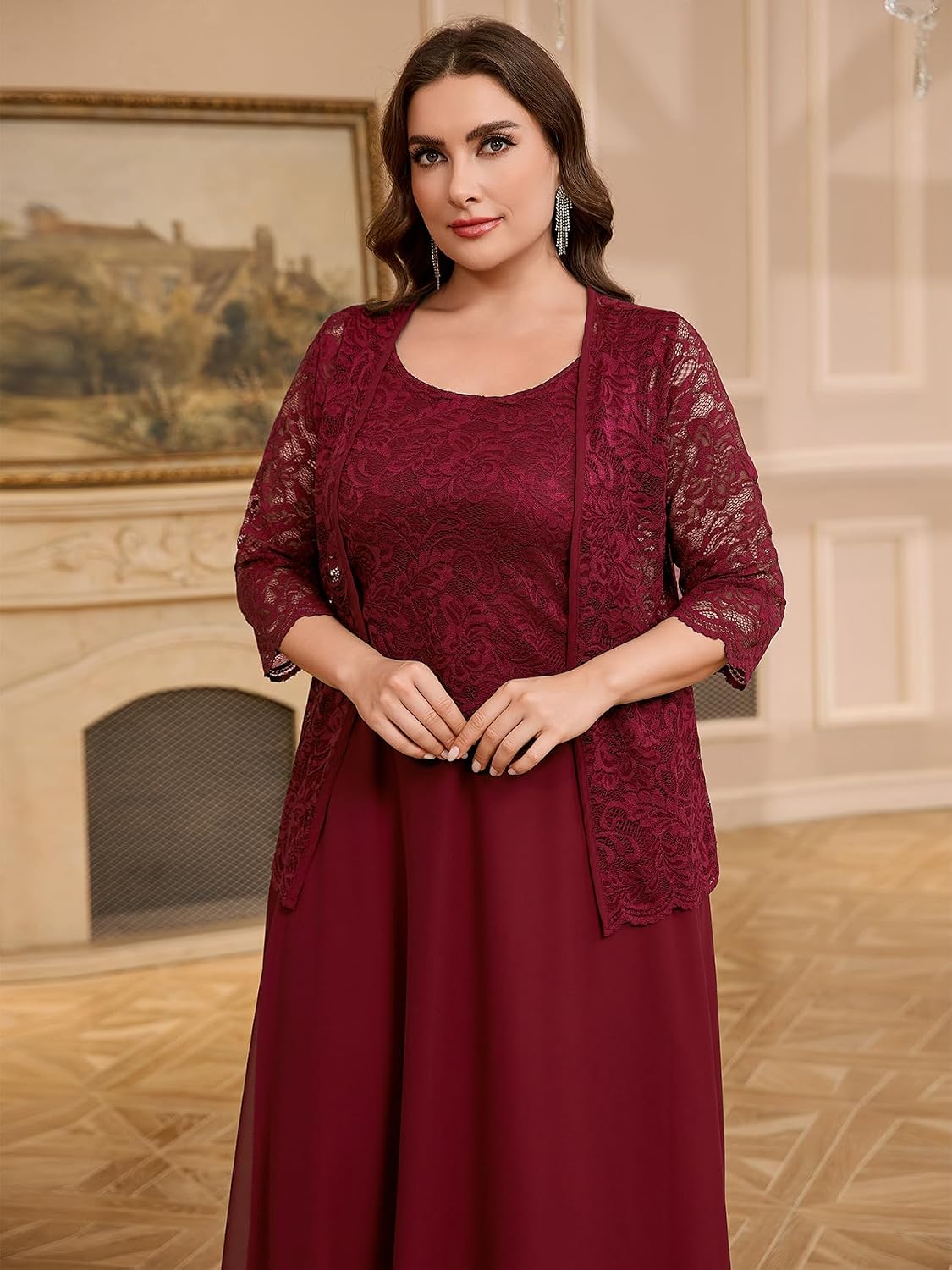 CYCLAMEN Plus Size 2 Piece Formal Dress Suit Mother of The Bride Dresses Sets with Lace Jacket Elegant Wedding Outfits, Burgundy, 4X