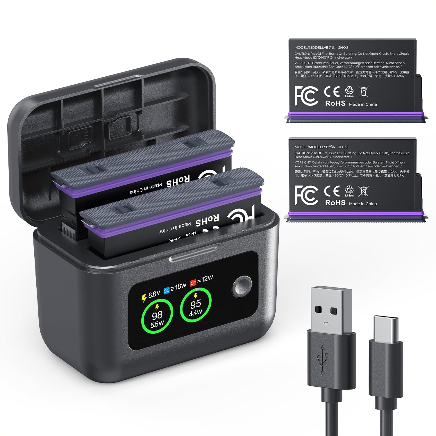 K&F CONCEPT Akku Ladegerät Set Kompatibel mit Insta360 X5, 2 Pack 2700mAh Ersatzakku und 20W Schnellladegerät Kompatibel mit Insta360 X5, Sportkamera Zubehör Ladegerät