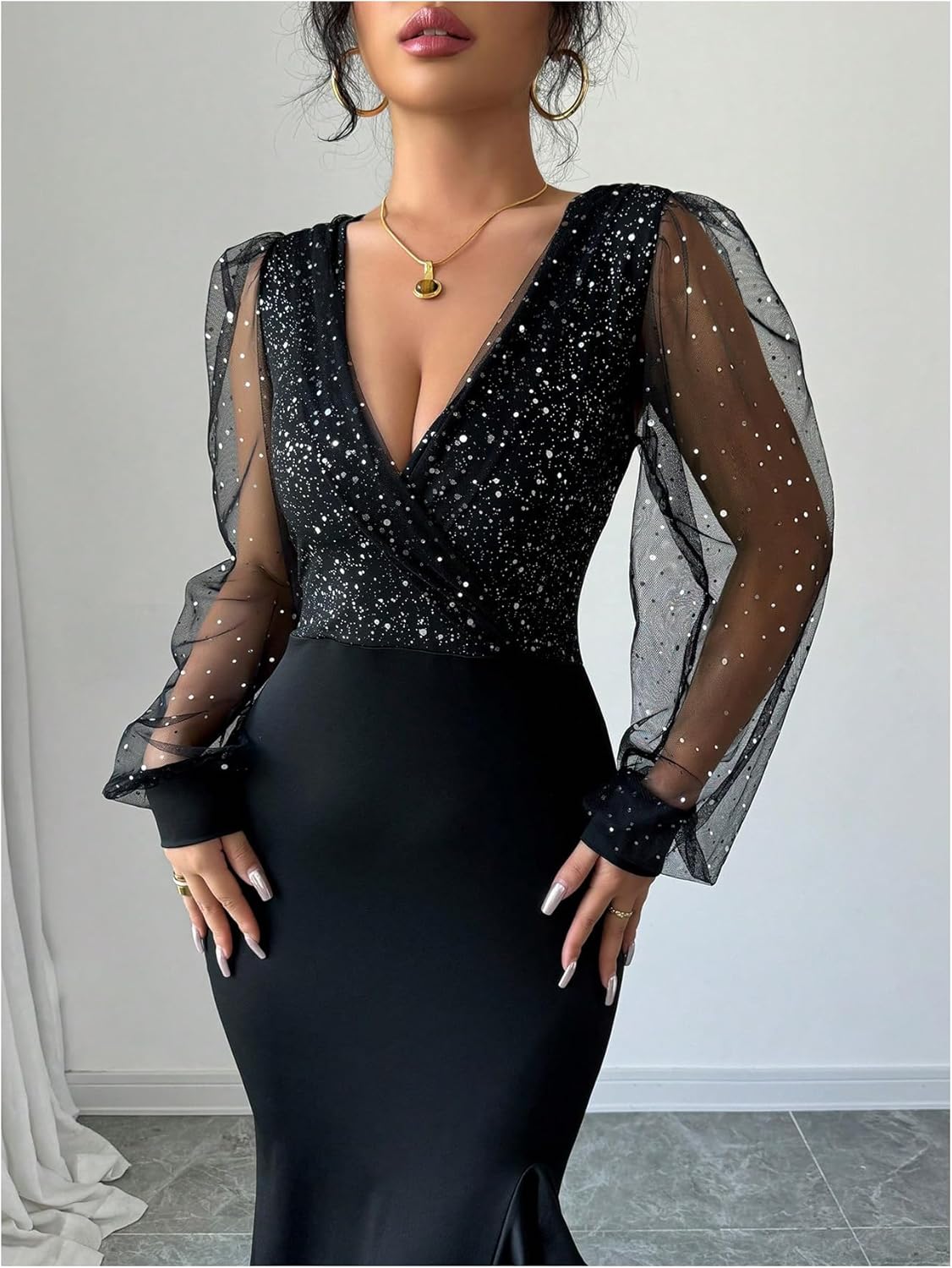 Floerns Women's Sequin V Neck Maxi Dress Mesh Long Sleeve Cocktail Party Slit Bodycon Dresses - Image 4