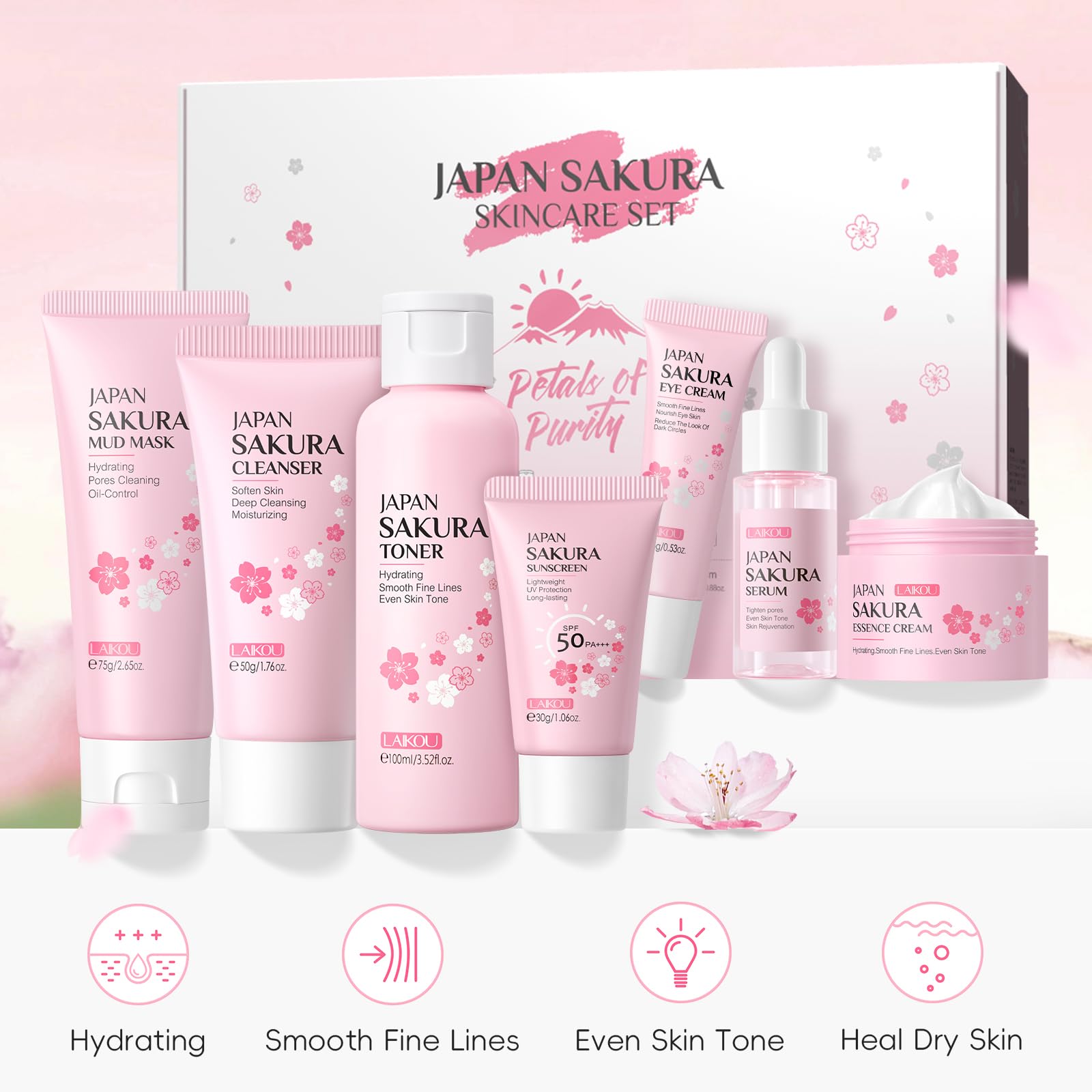 LAIKOU Skincare Set, Sakura Skin Care Sets & Kits, Cleanser, Mud Mask, Toner, Serum, Eye Cream, Face Cream, Sunscreen - Image 2