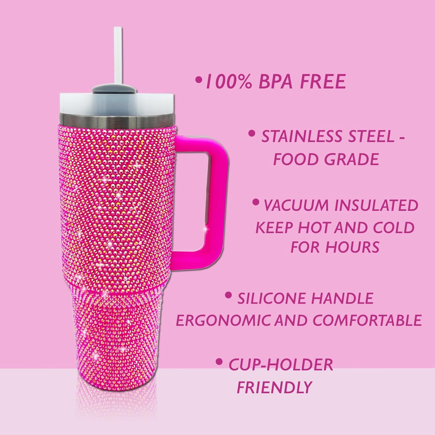 40oz Bling Tumbler with Handle and Straw Lid Rhinestone Studded Tumbler Cups Vacuum Insulated Stainless Steel Double Wall Water Bottle Travel Mug Gifts for Women Her (Hot Pink) - Image 3