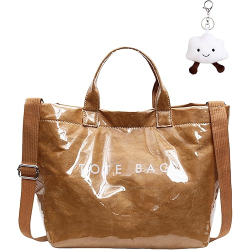 Micmores PVC Tote Bag for Women Letters Print Large Kraft Paper Handbag Top Handle Clear Hobo Crossbody Bag for Work Travel