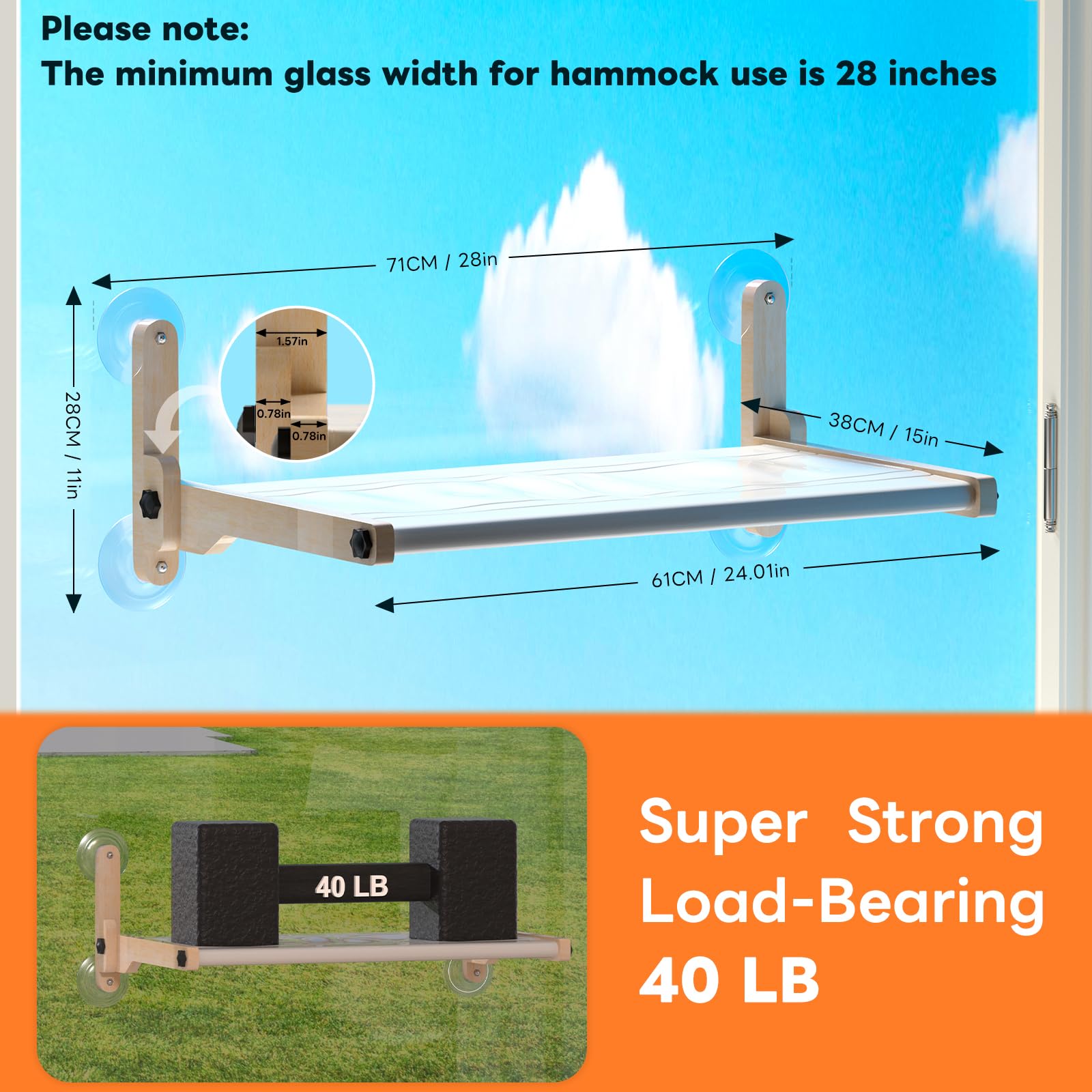 Foldable Cat Window Bed, Solidwood Cat Window Perch with Suction Cups, Heavy Duty Cordless Hammock Seat for Indoor Cats (Large Size) - image 6