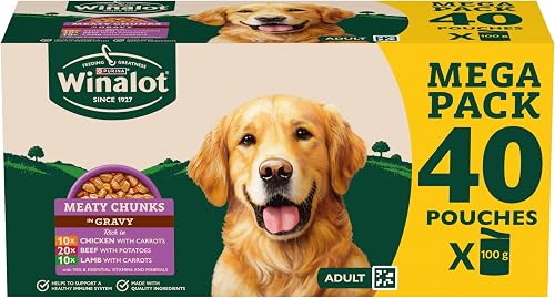 WINALOT Meaty Chunks Adult Wet Dog Food Mixed in Gravy Beef, Chicken, Lamb 40x100g Pouches