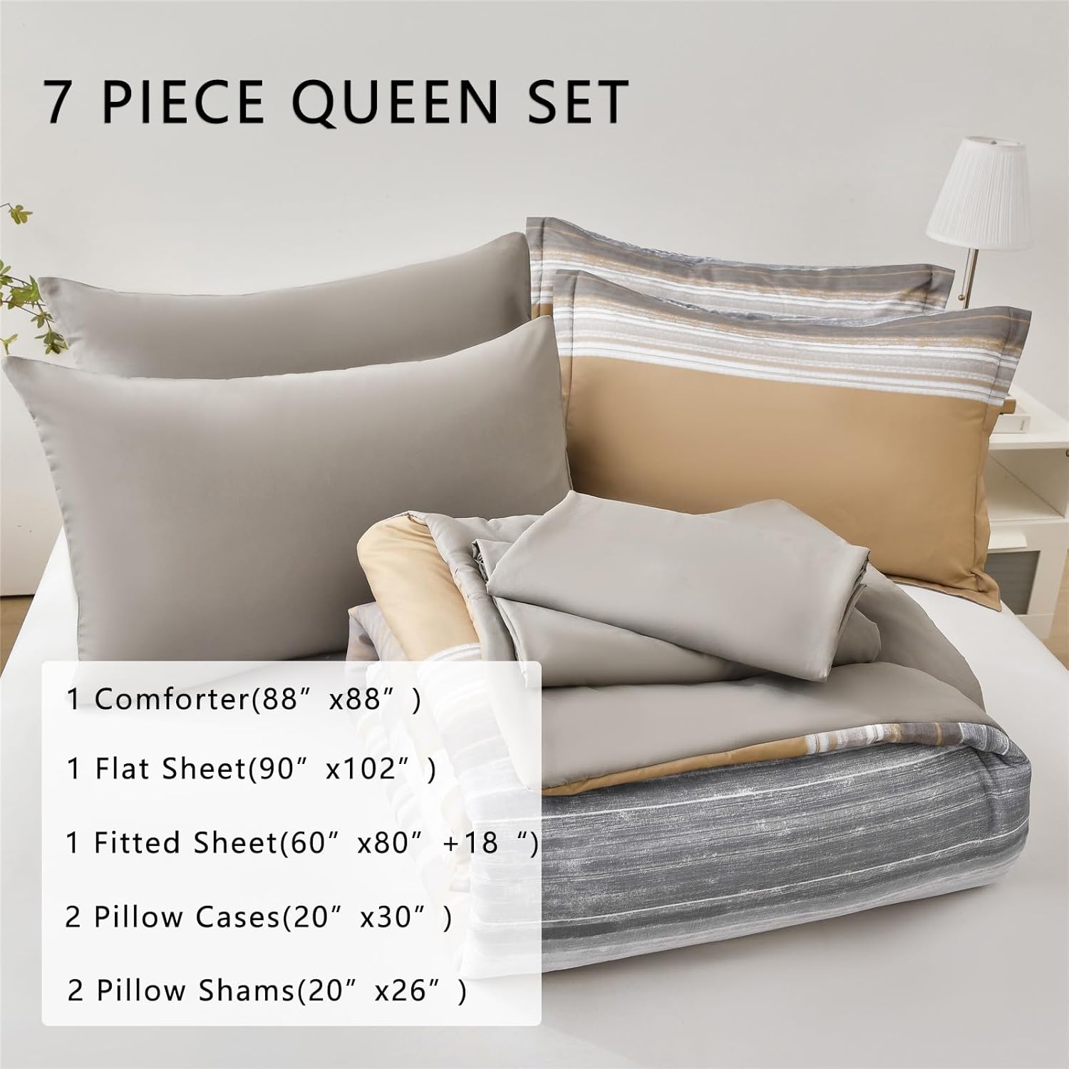 7 Piece Bed in a Bag Stripe Comforter Set Queen Size, White Grey Khaki Patchwork Striped Comforter and Sheet Set, All Season Soft Microfiber Complete Bedding Set(Khaki,Queen) - Image 2