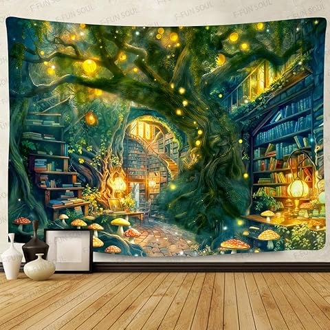 F-FUN SOUL Forest Library Tapestry 60x51inches Fairy Tale Wall Hanging Fantasy Tapestry Bookshelf Tapestries for Bedroom Living Room Home Office Decor, Cyan