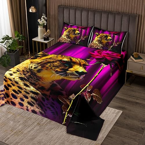 Miniatura 10 de Erosebridal Juego de edredón de león, color turquesa, verde azulado, rosa para mujeres y hombres, juego de colcha de flores de animales salvajes,