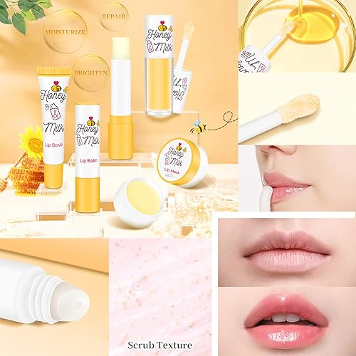 Miniatura 7 de LSxia Juego de 4 piezas de máscara de labios con leche de miel para labios, aceite de labios, hidratante y nutritivo de labios secos y agrietados,