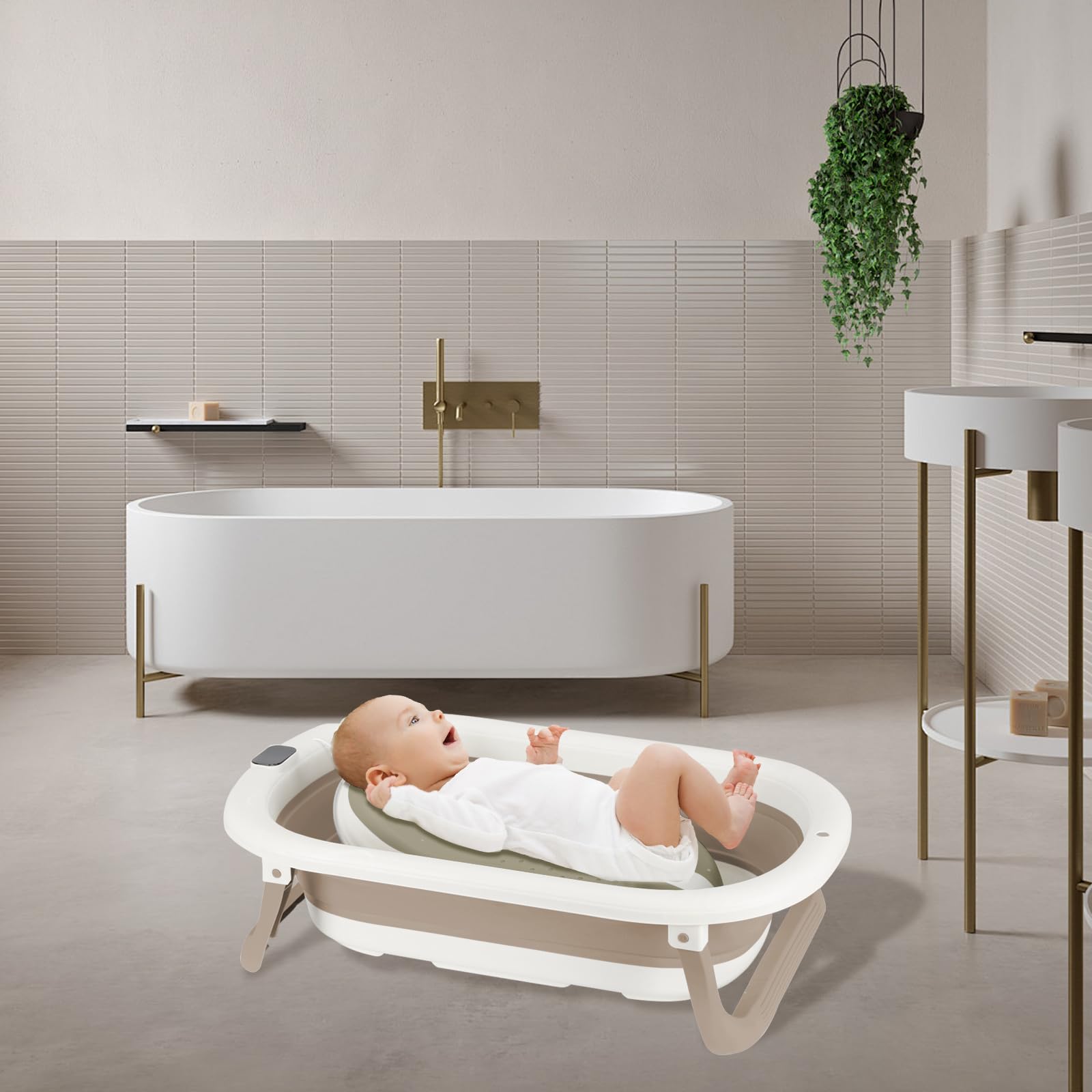 Faltbare Babybadewanne mit rutschfestem Kissen – Tragbares Design für Zuhause und Reisen – Baby-Babywanne zum Baden – zusammenklappbare Badewanne BB leicht zu reinigen – B-43 x 71 x 18,5 cm (Khaki)