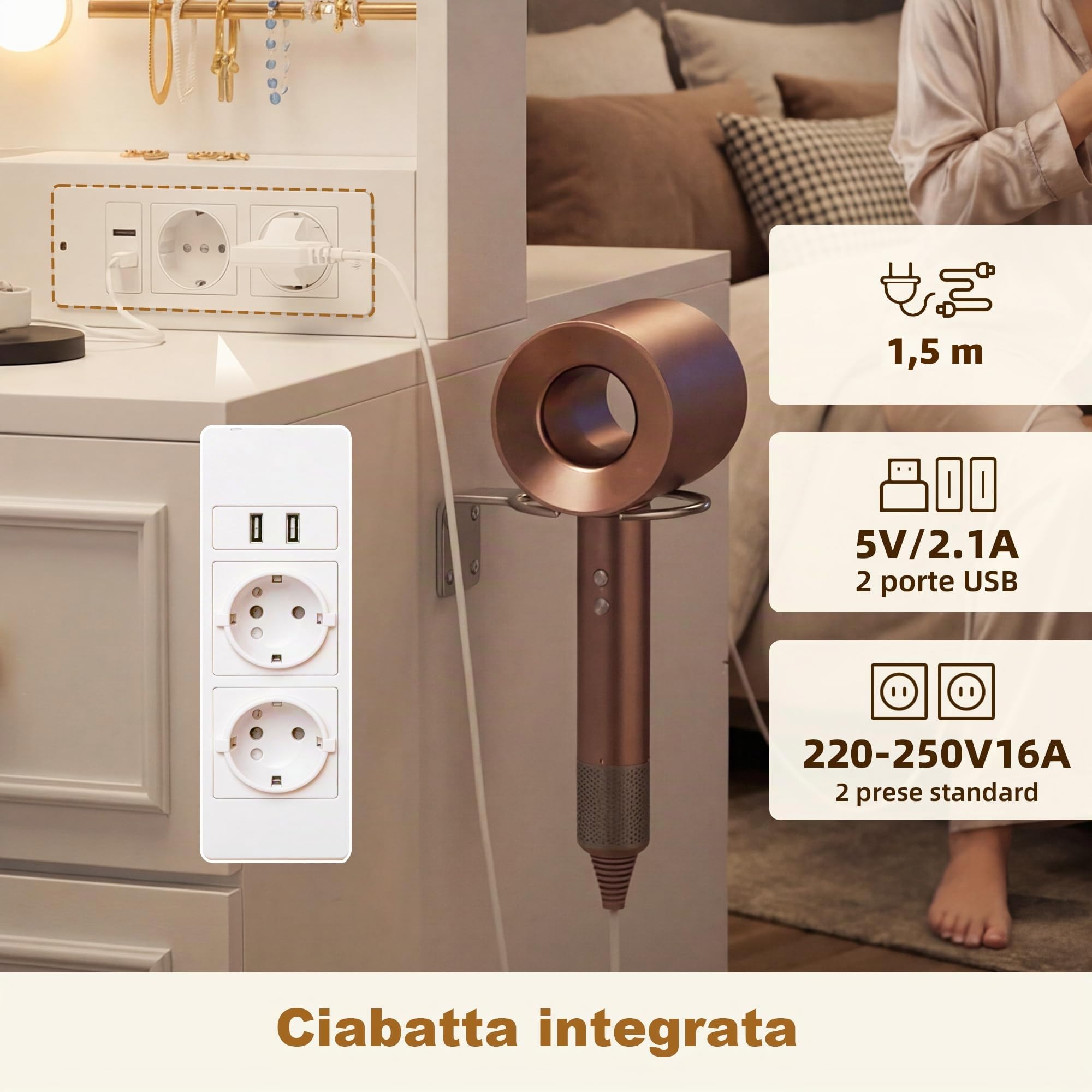 Toeletta Trucco con 10 Luci LED Regolabili e Ganci per Gioielli, Tavolo da Trucco con Specchio Grande, Prese e Porte USB, 6 Cassetti, 5 Scomparti e Porta Phon, Design Moderno, Bianco JBDT002WT